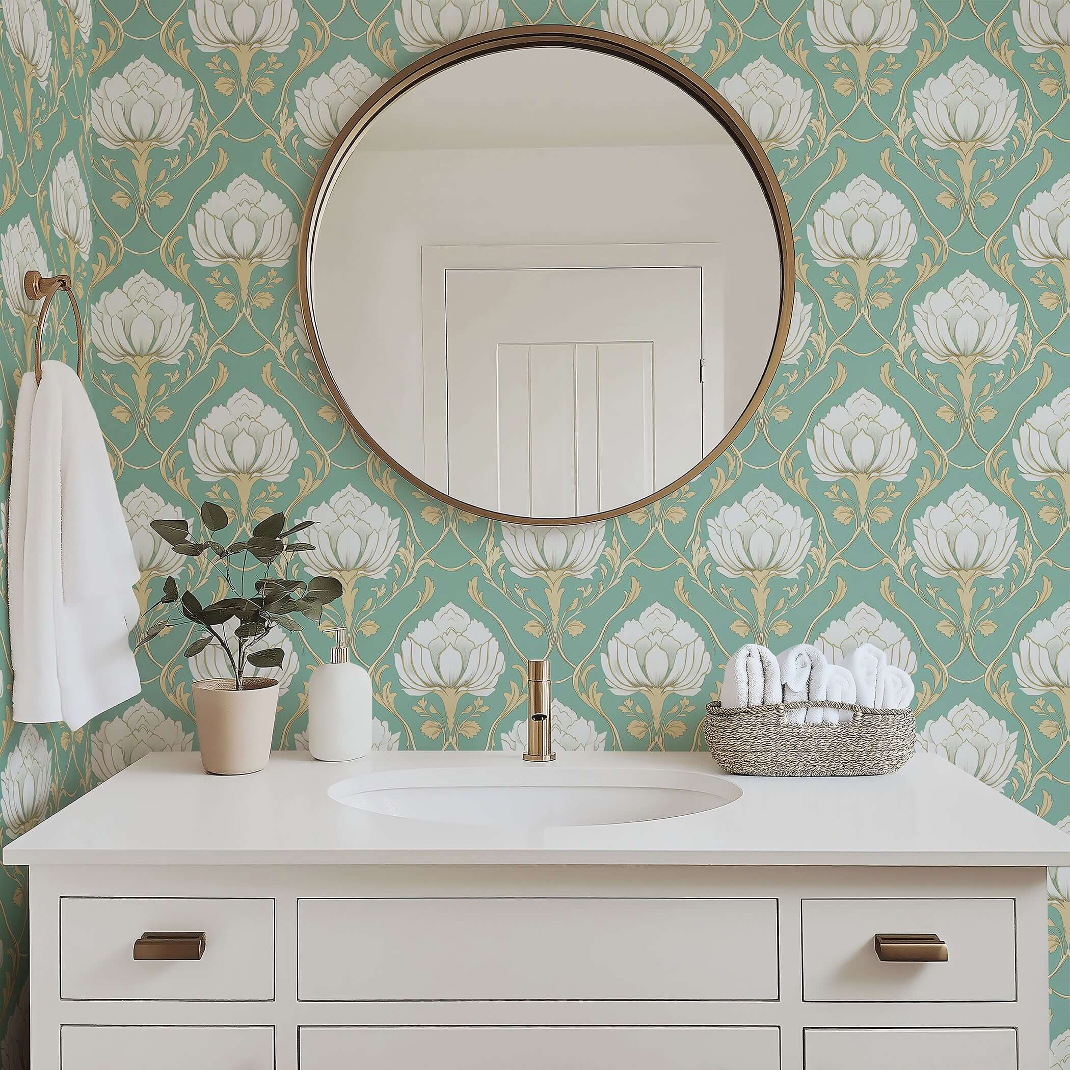 Lotus Luxe Vintage wallpaper with ivory lotus flowers, teal background, and tan damask design, enhancing a bathroom space.