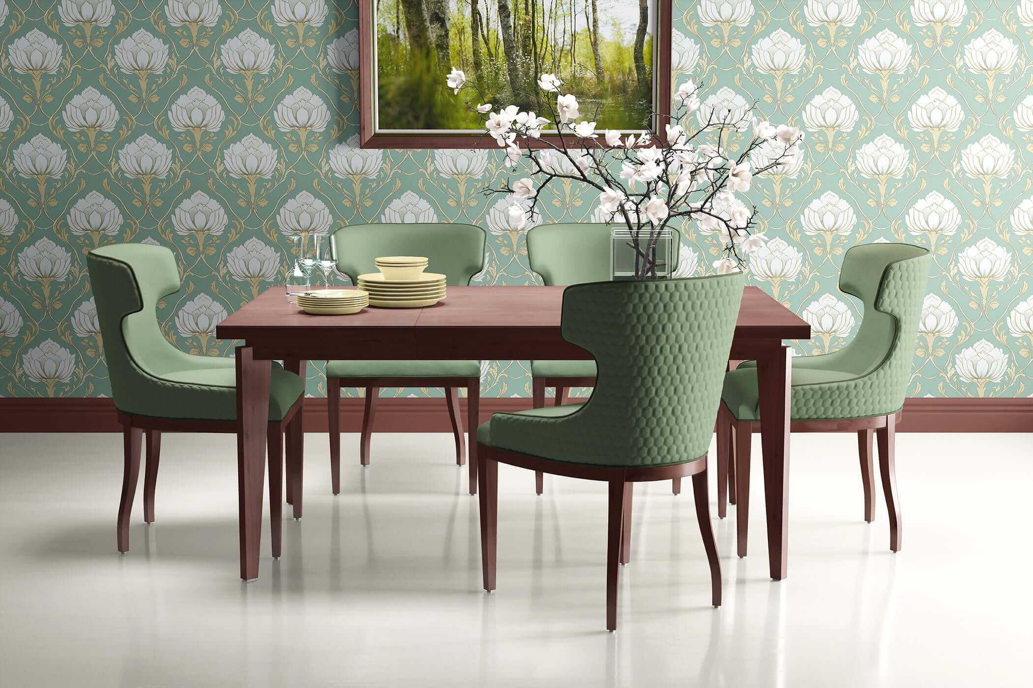 Stylish dining room with Lotus Luxe Vintage wallpaper featuring ivory lotus and teal damask design, enhancing the elegant decor.