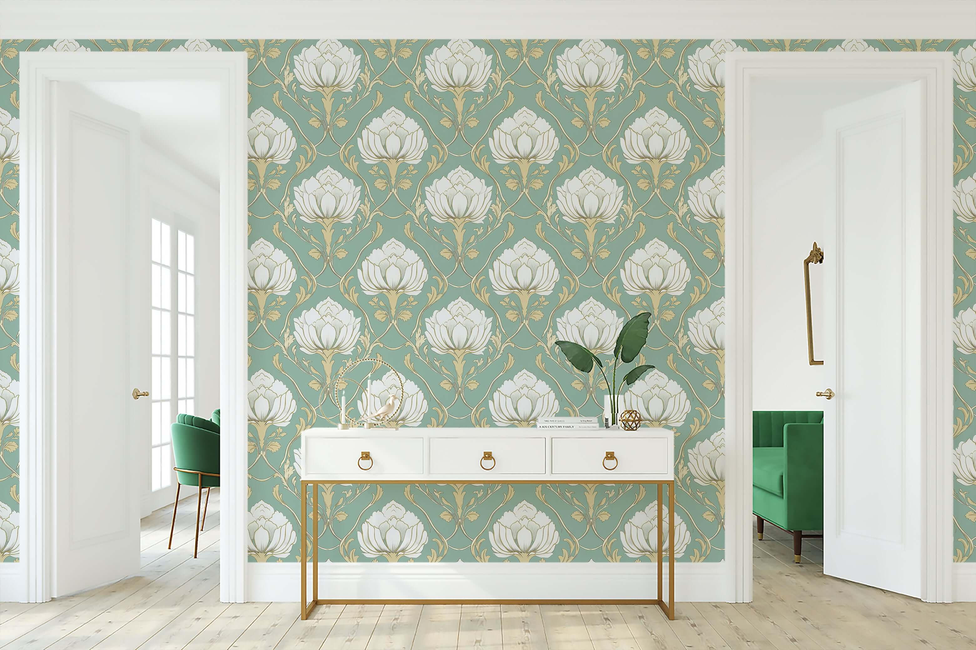 Lotus Luxe Vintage Wallpaper showcasing ivory lotus flowers on teal, featuring a timeless damask design perfect for elegant home decor.