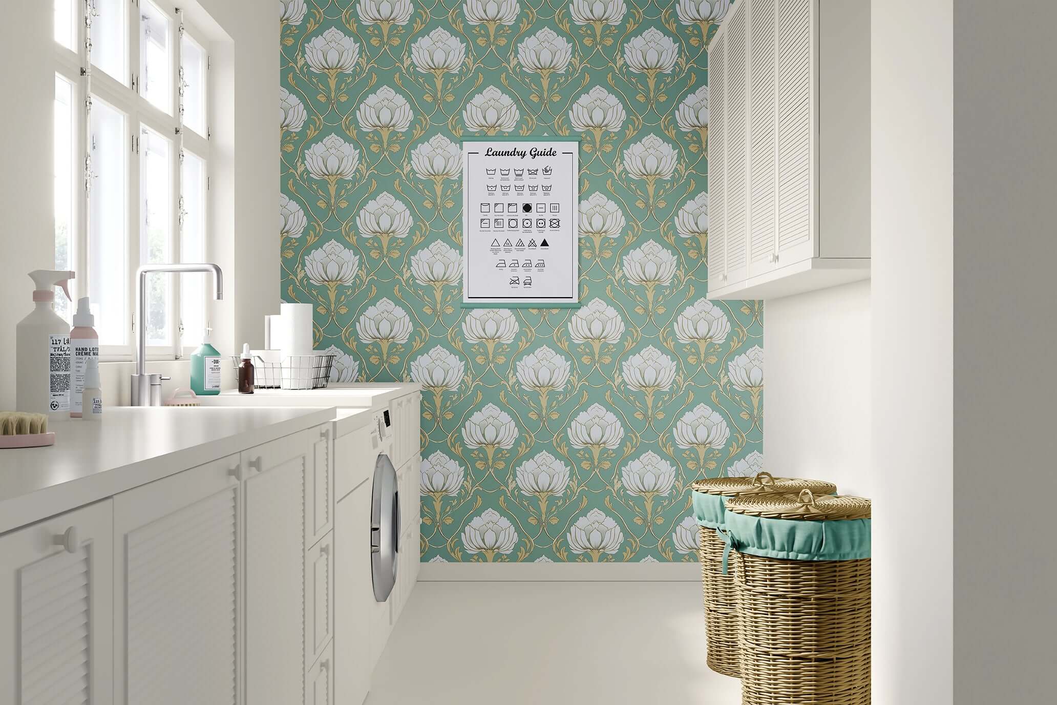 Elegant Lotus Luxe Vintage wallpaper with lotus flowers, teal background, artfully decorates a modern laundry room.