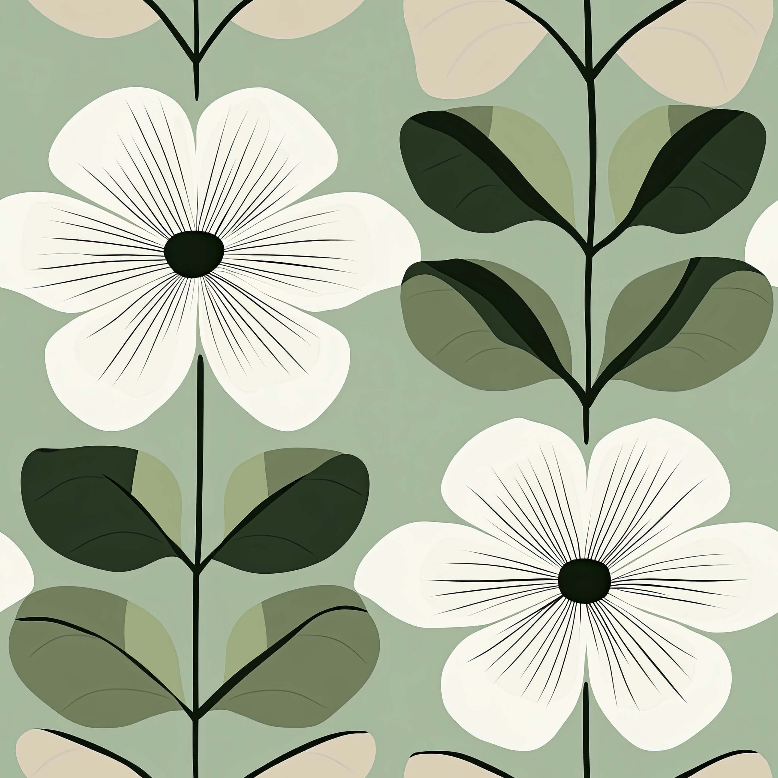 Vintage Sage Blossom wallpaper with white flowers and green leaves on a sage backdrop; mid-century modern decor.