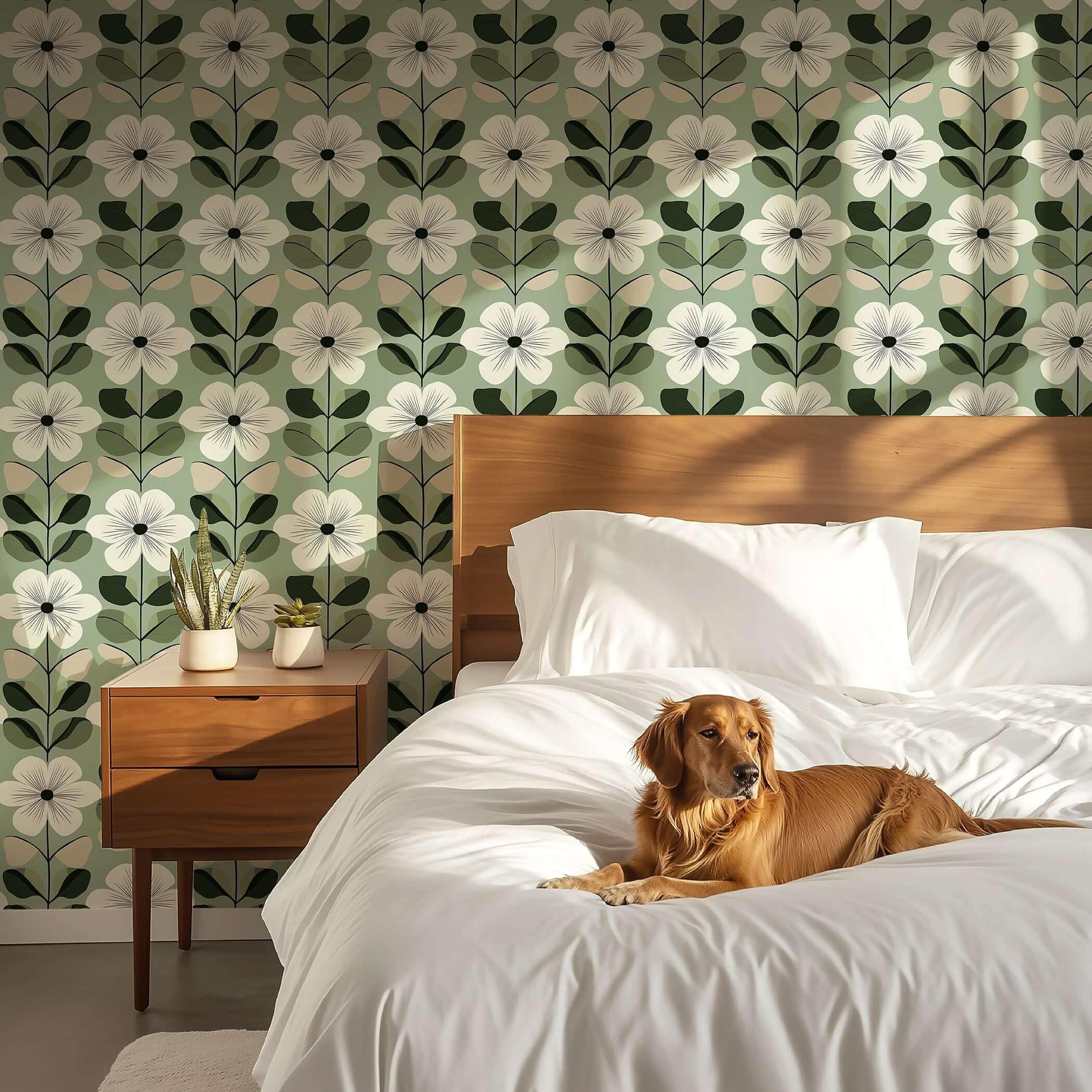 Mid-century modern bedroom with Vintage Sage Blossom wallpaper, featuring white flowers and green leaves, enhancing the serene decor.