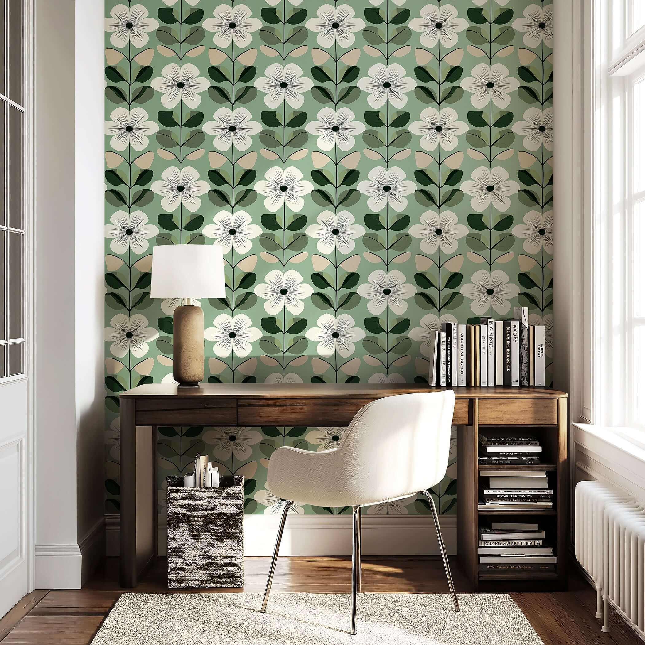 Mid-century modern wallpaper featuring white flowers on a sage green background in a stylish home study with wooden furniture.