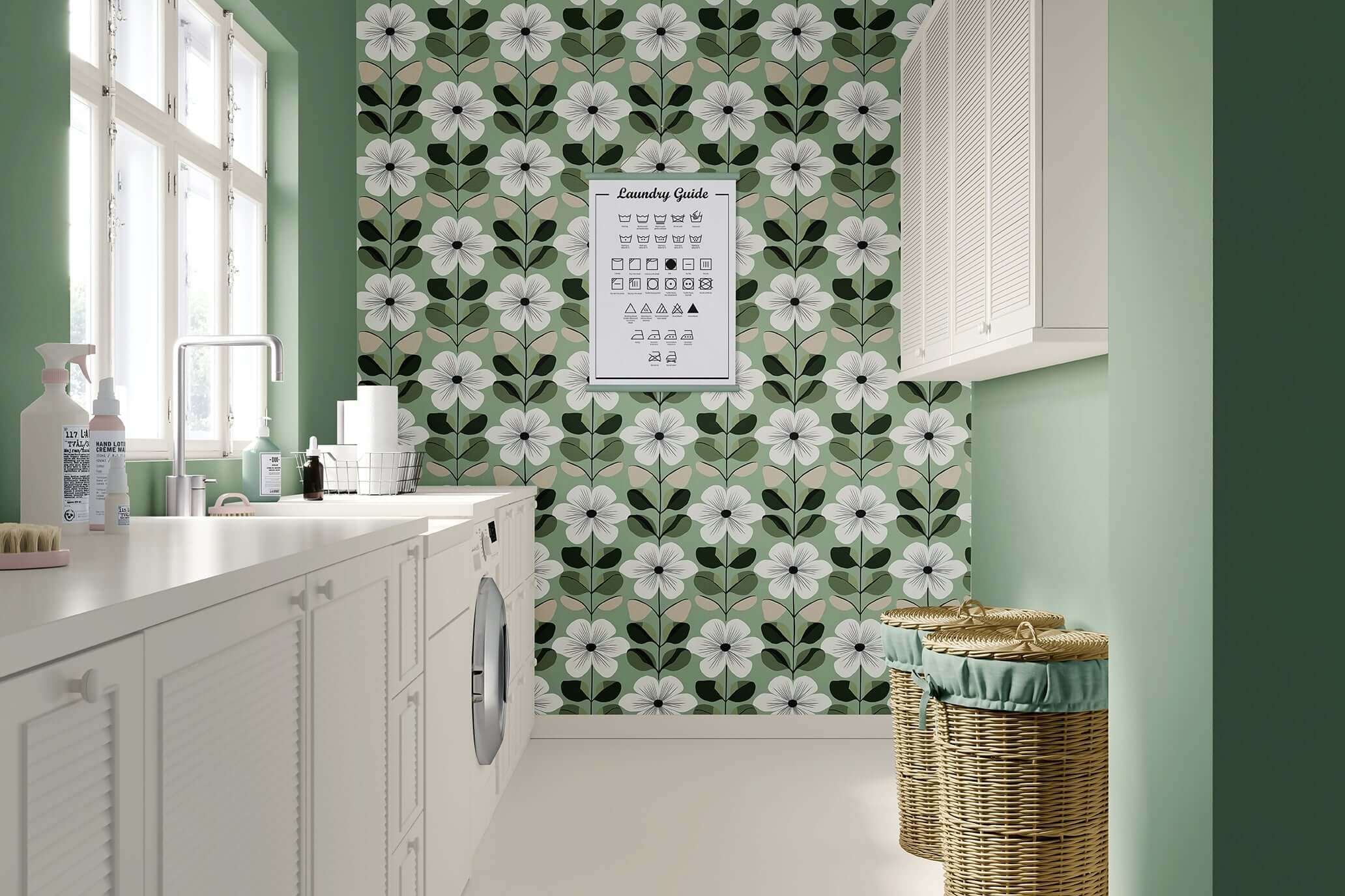 Mid-century modern wallpaper with white flowers and green foliage on a sage backdrop in a laundry room with wicker baskets.