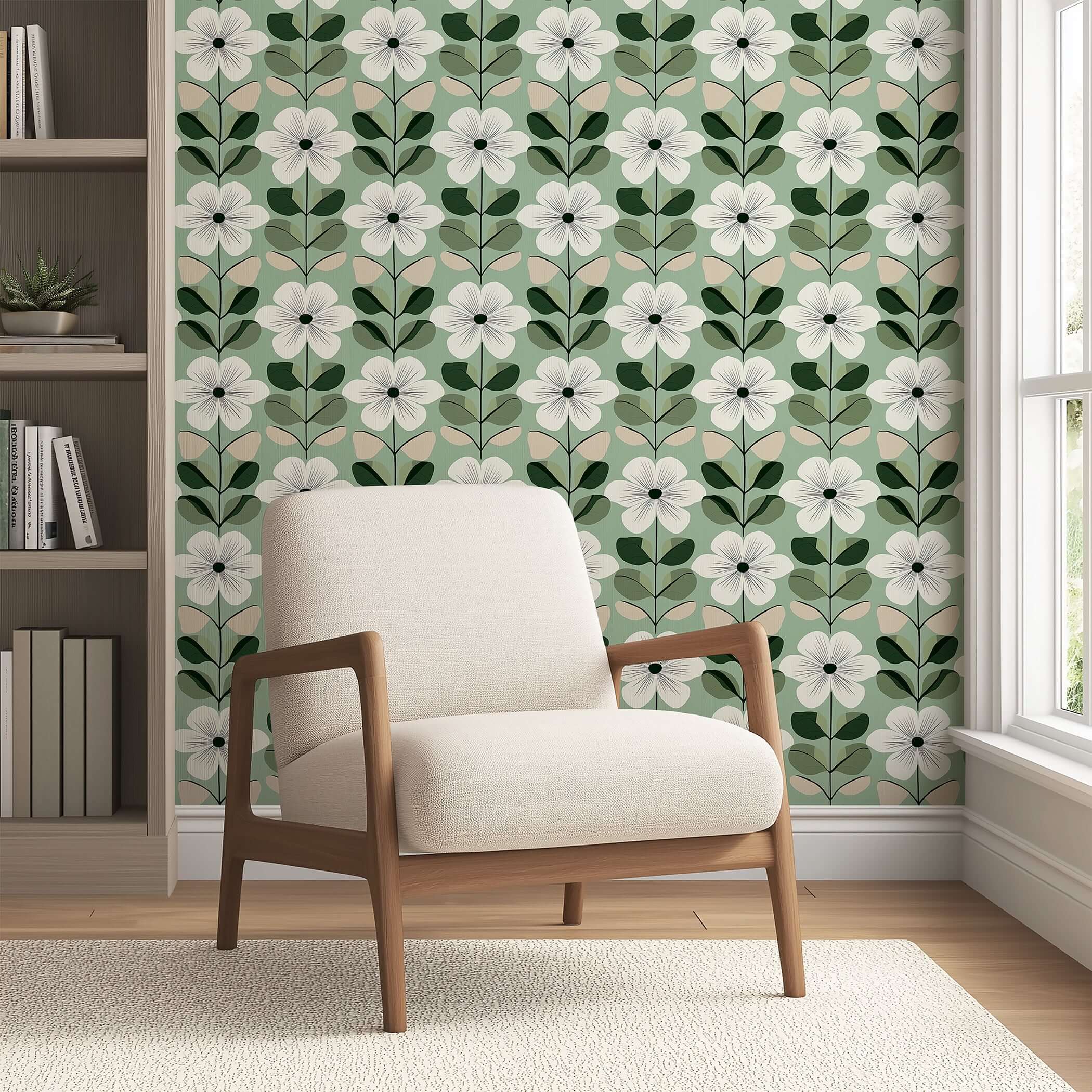 Mid-century modern wallpaper with white flowers and green leaves on sage backdrop, enhancing a cozy living room with an armchair.