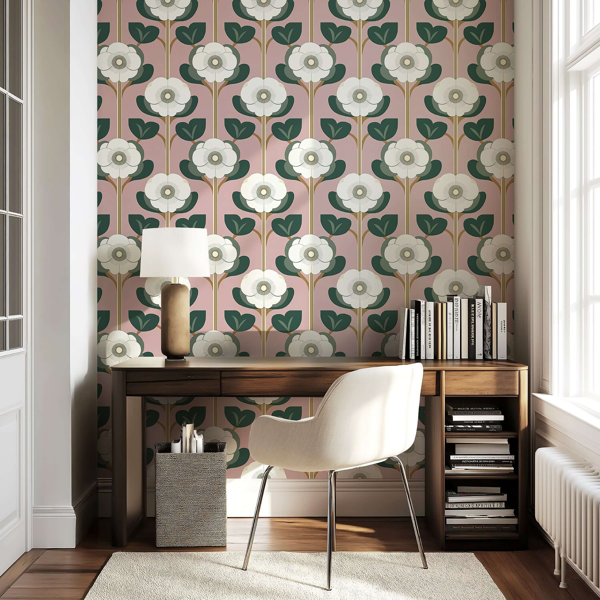 Vintage-inspired "Blush Garden Revival" wallpaper with pink backdrop, white flowers, and green leaves, perfect for stylish interiors.
