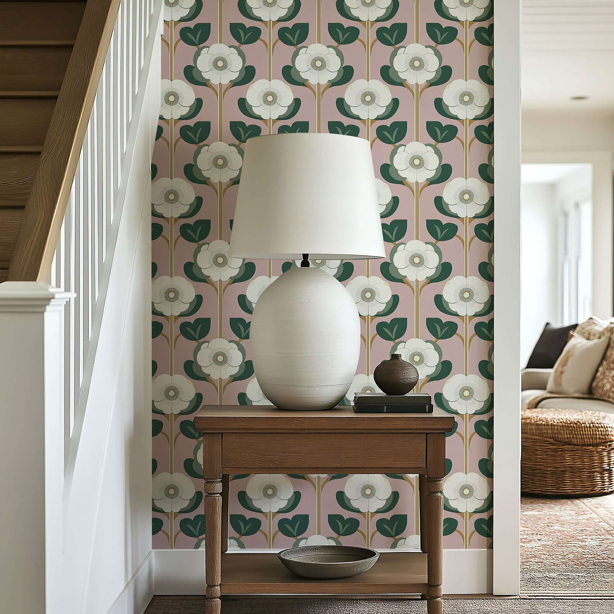 Vintage pink and green floral wallpaper with bold flowers, "Blush Garden Revival" adding elegance to interior space and accent walls.