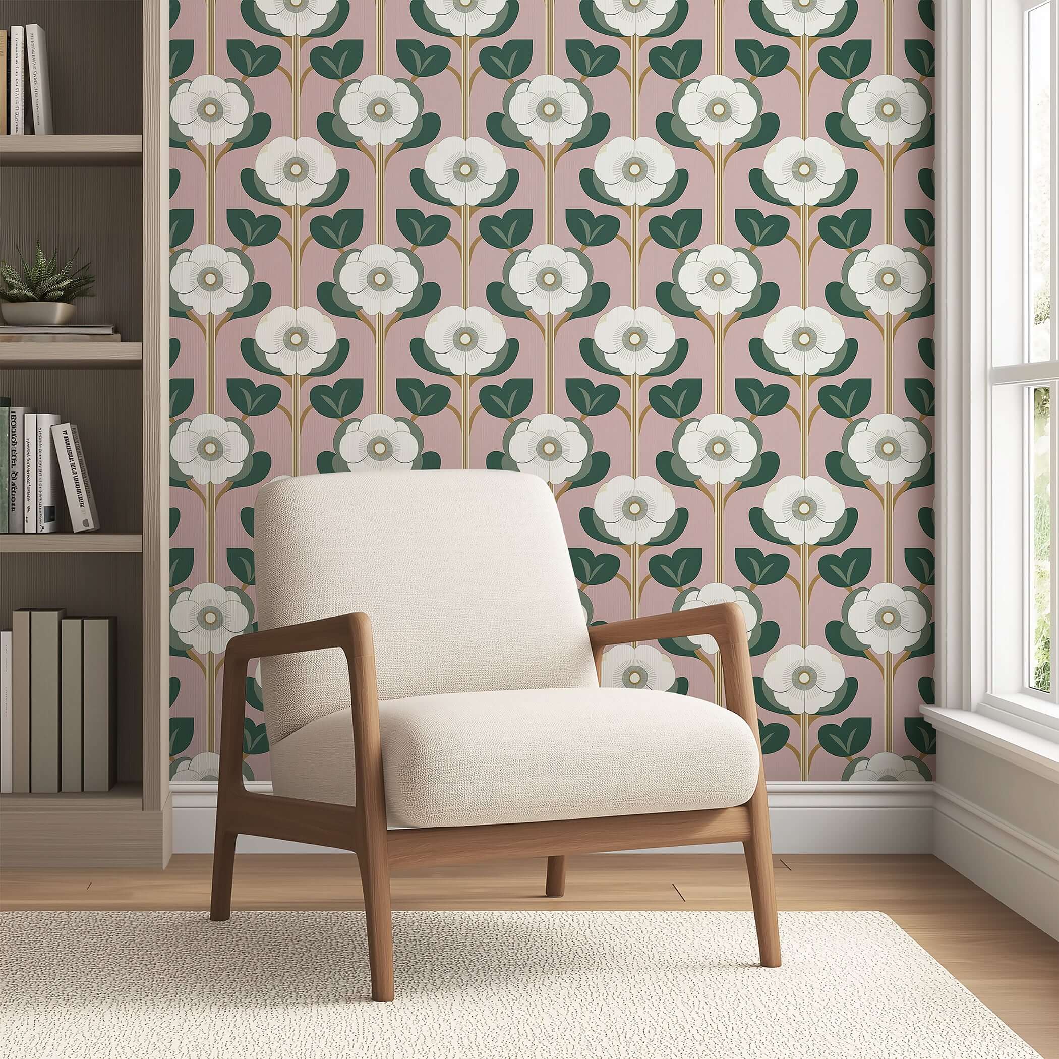 Vintage floral wallpaper with white flowers, green leaves on a pink background in a cozy interior with an armchair.