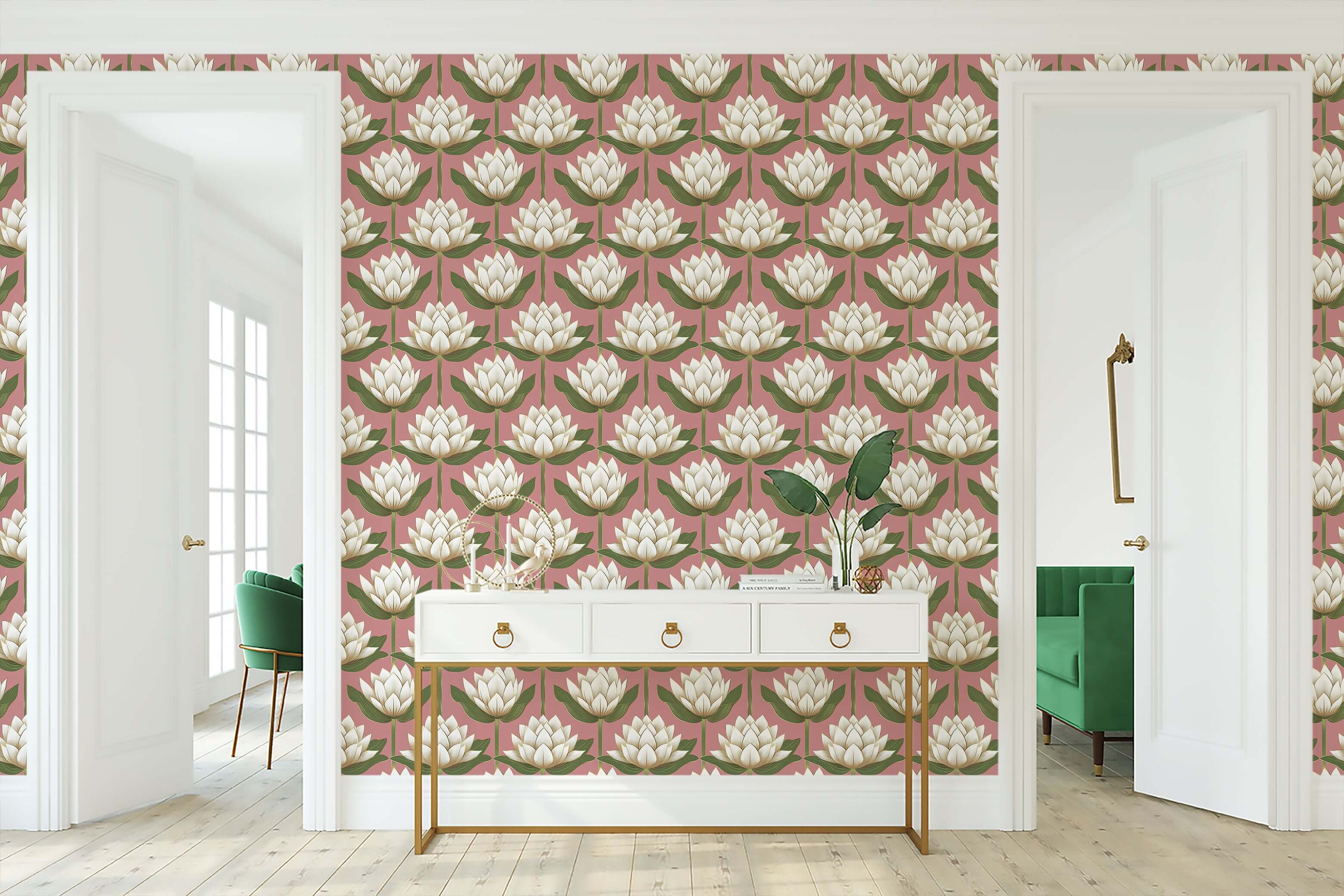 Lotus Serenade Wallpaper featuring ivory lotus flowers with green leaves on a pink background, ideal for modern home decor.