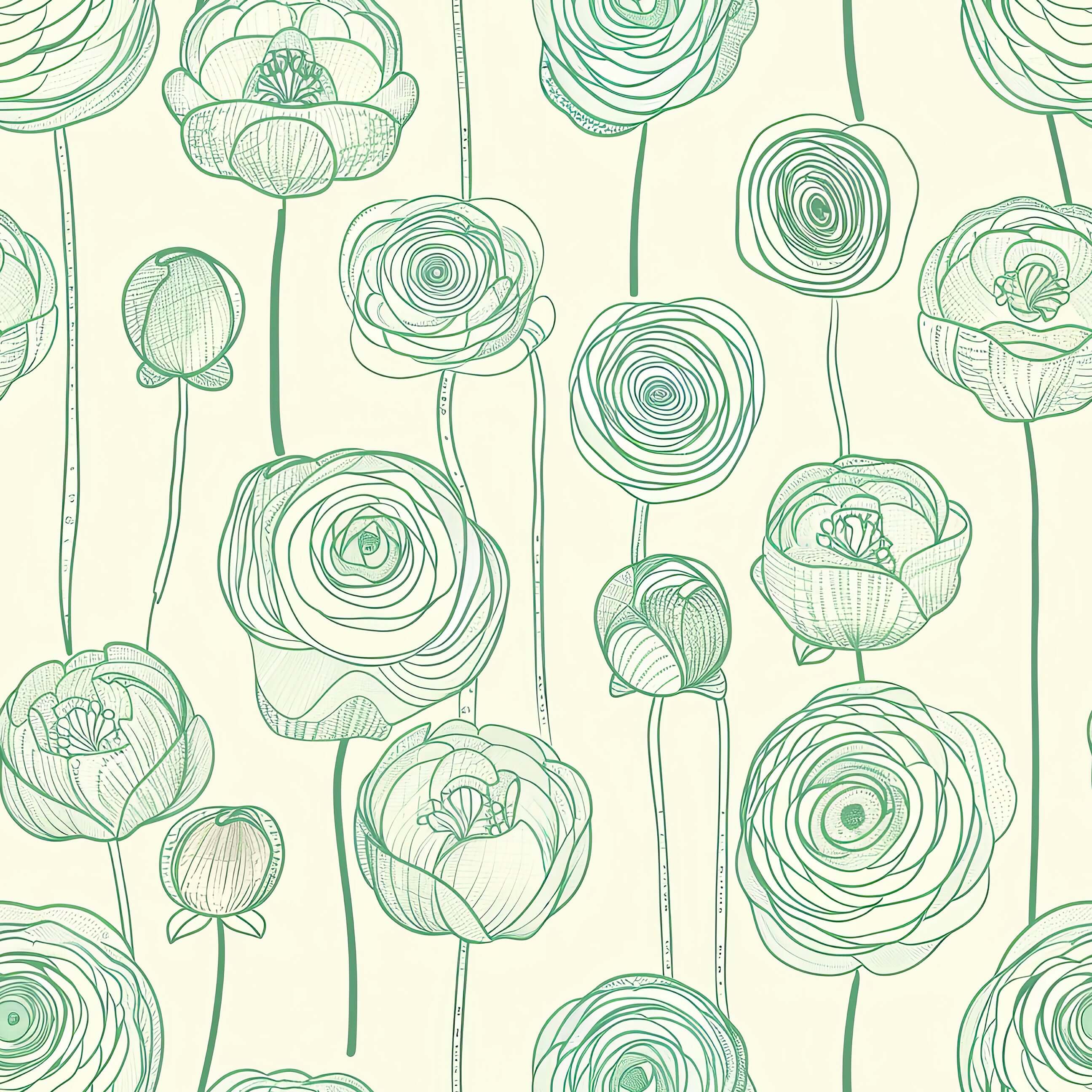 Green Garden Romance wallpaper with green linework flowers on cream background, modern botanical design for home decor.
