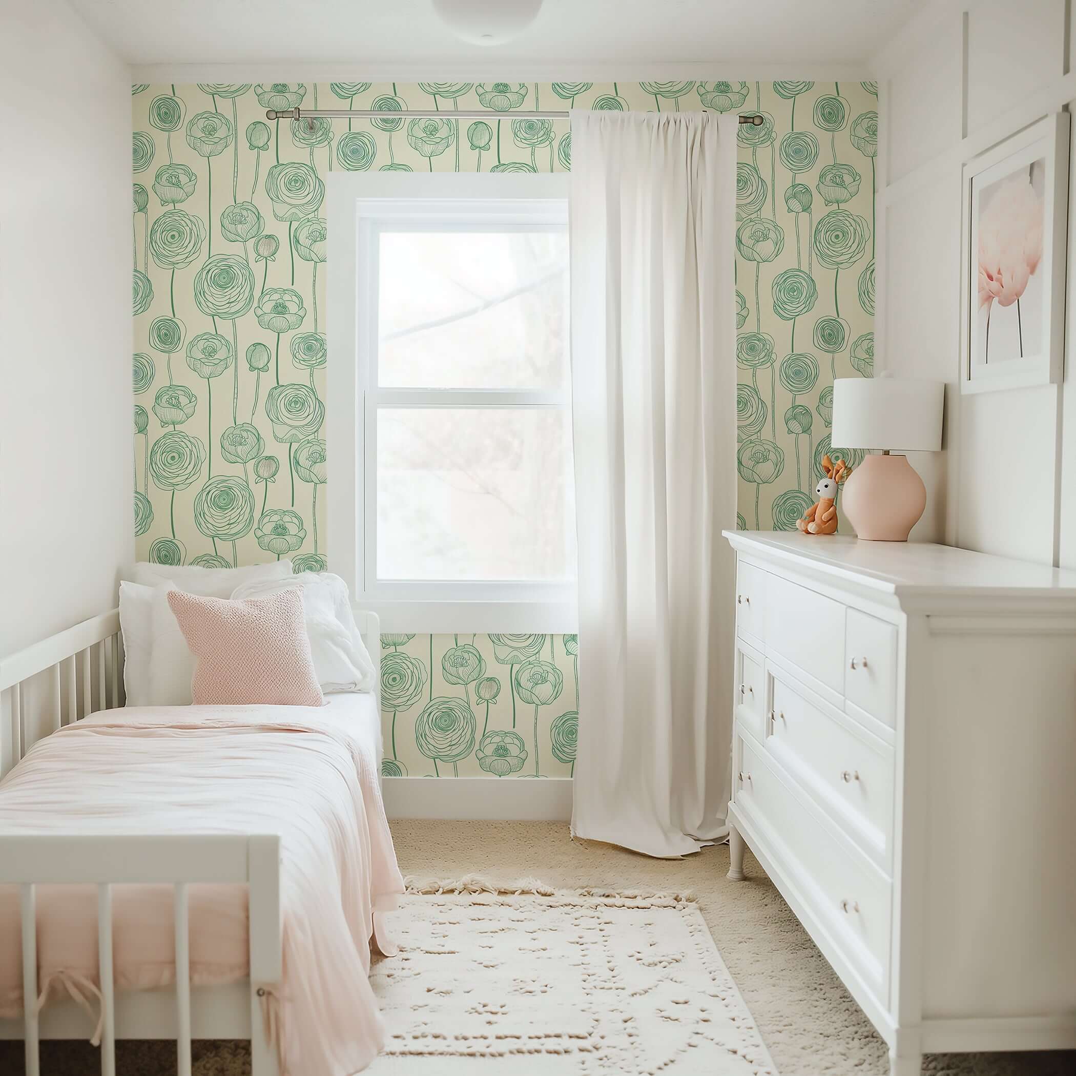 Green Garden Romance Wallpaper in a nursery, featuring delicate green botanical flowers on a cream background, modern design.