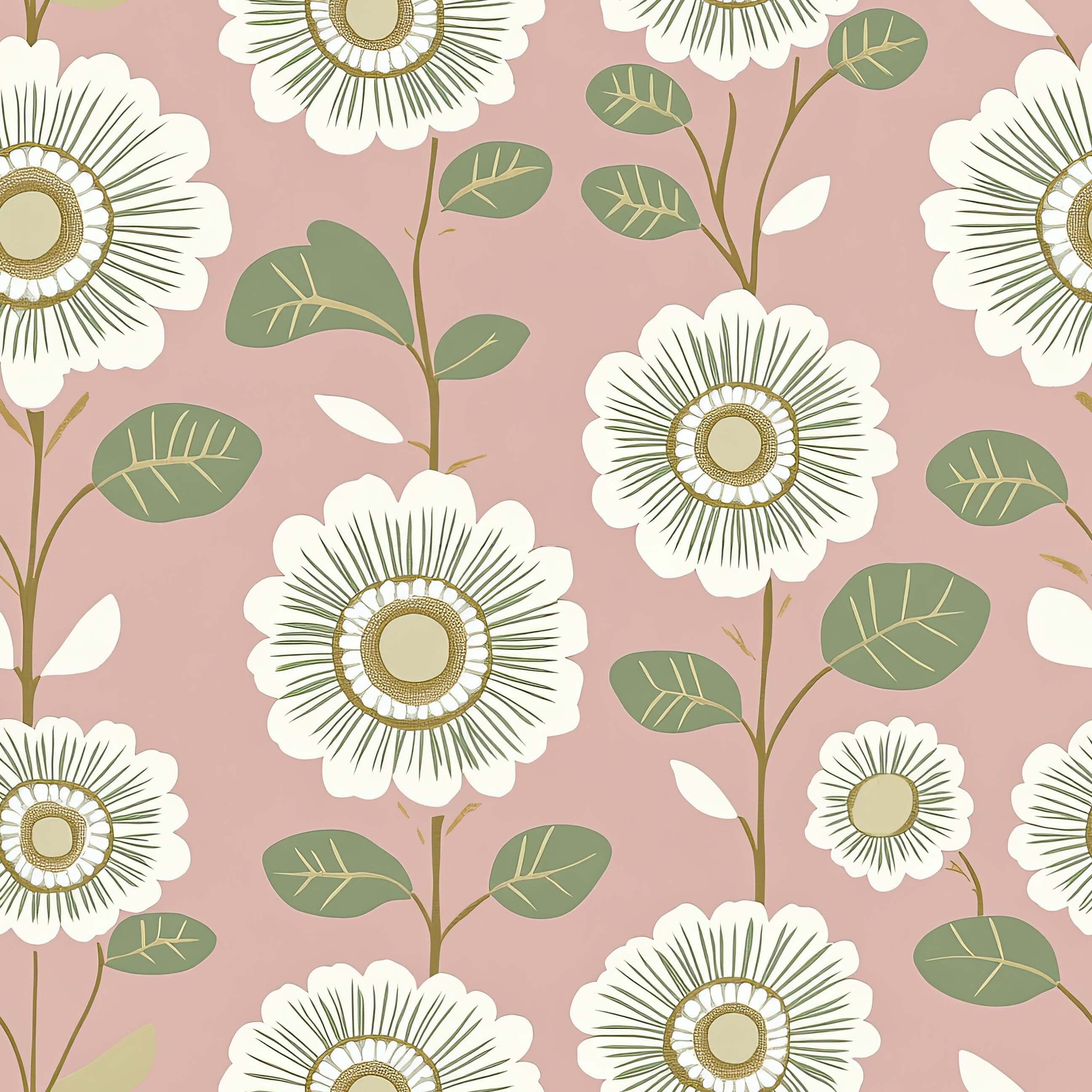 Vintage Daisy Dream wallpaper with white daisies, olive green leaves, and a pink background, ideal for modern floral decor.
