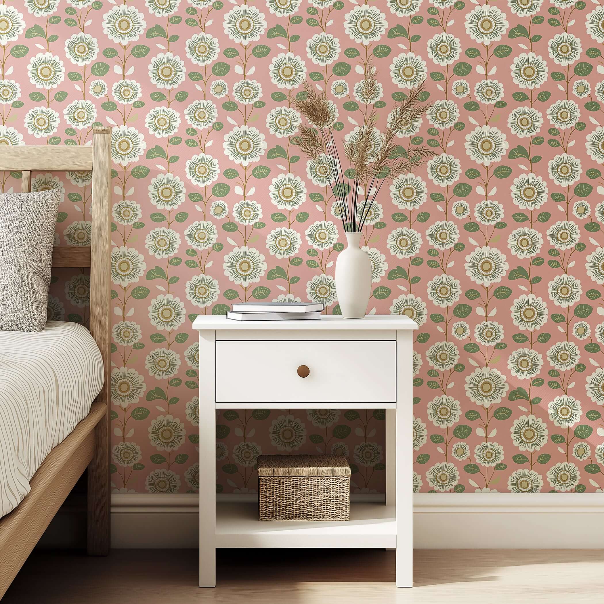 Vintage Daisy Dream wallpaper with whimsical white daisies on a blush-pink background, ideal for modern floral decor.