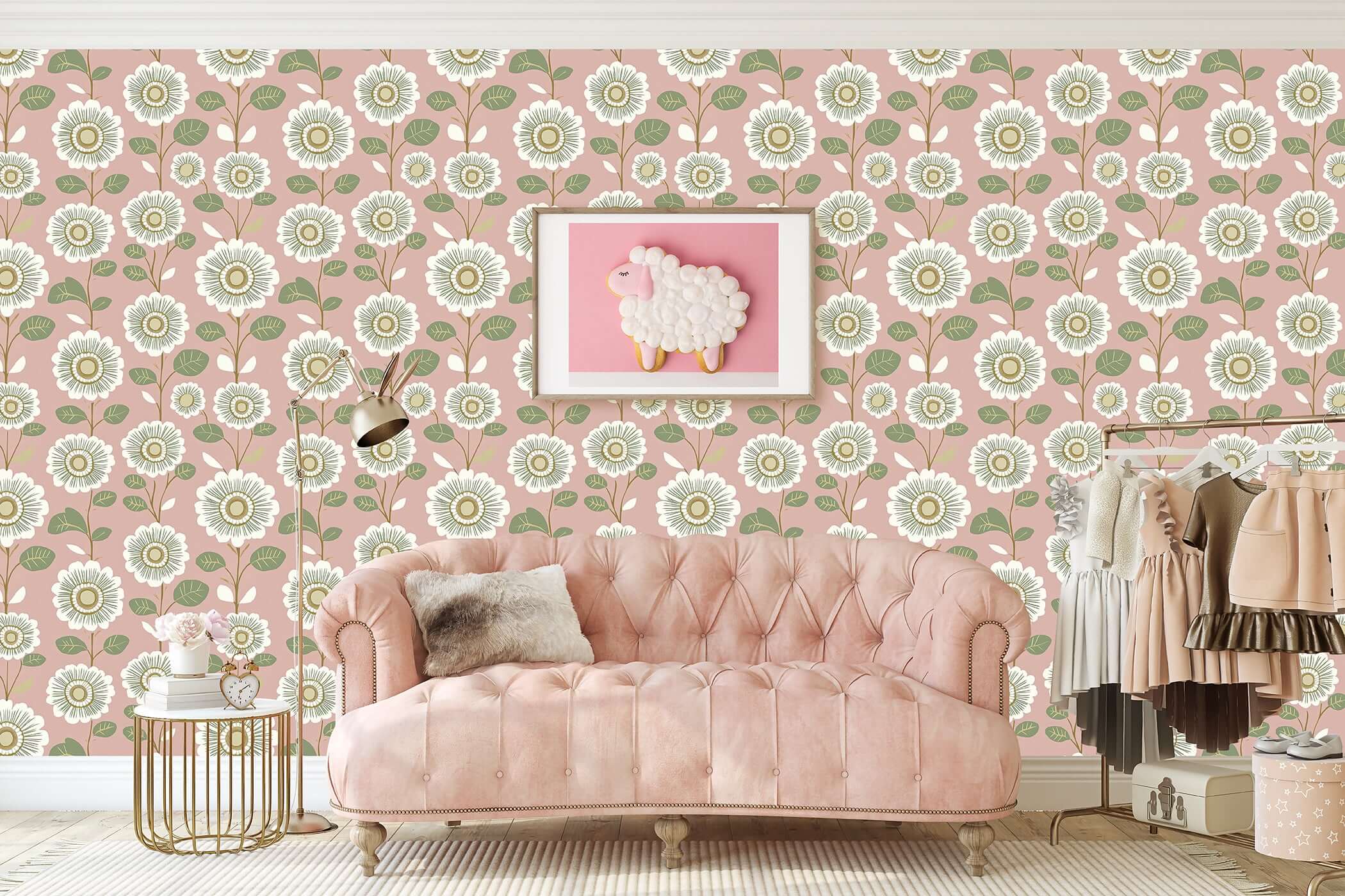 Vintage Daisy Dream wallpaper with white daisies, pink background, and green leaves enhancing a chic retro-style living room.