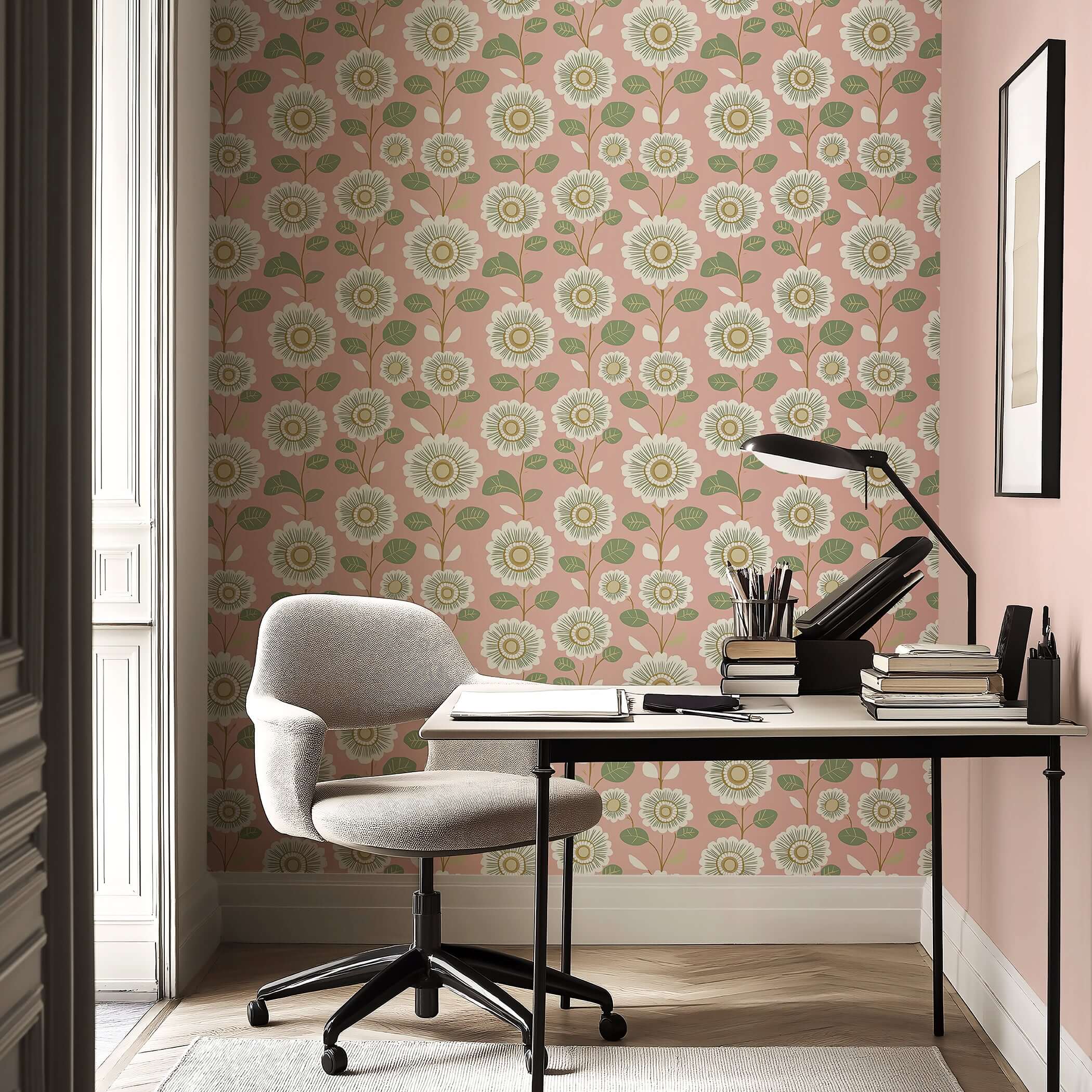 Vintage Daisy Dream wallpaper with white flowers and green leaves on pink background, adding floral charm to a modern office space.