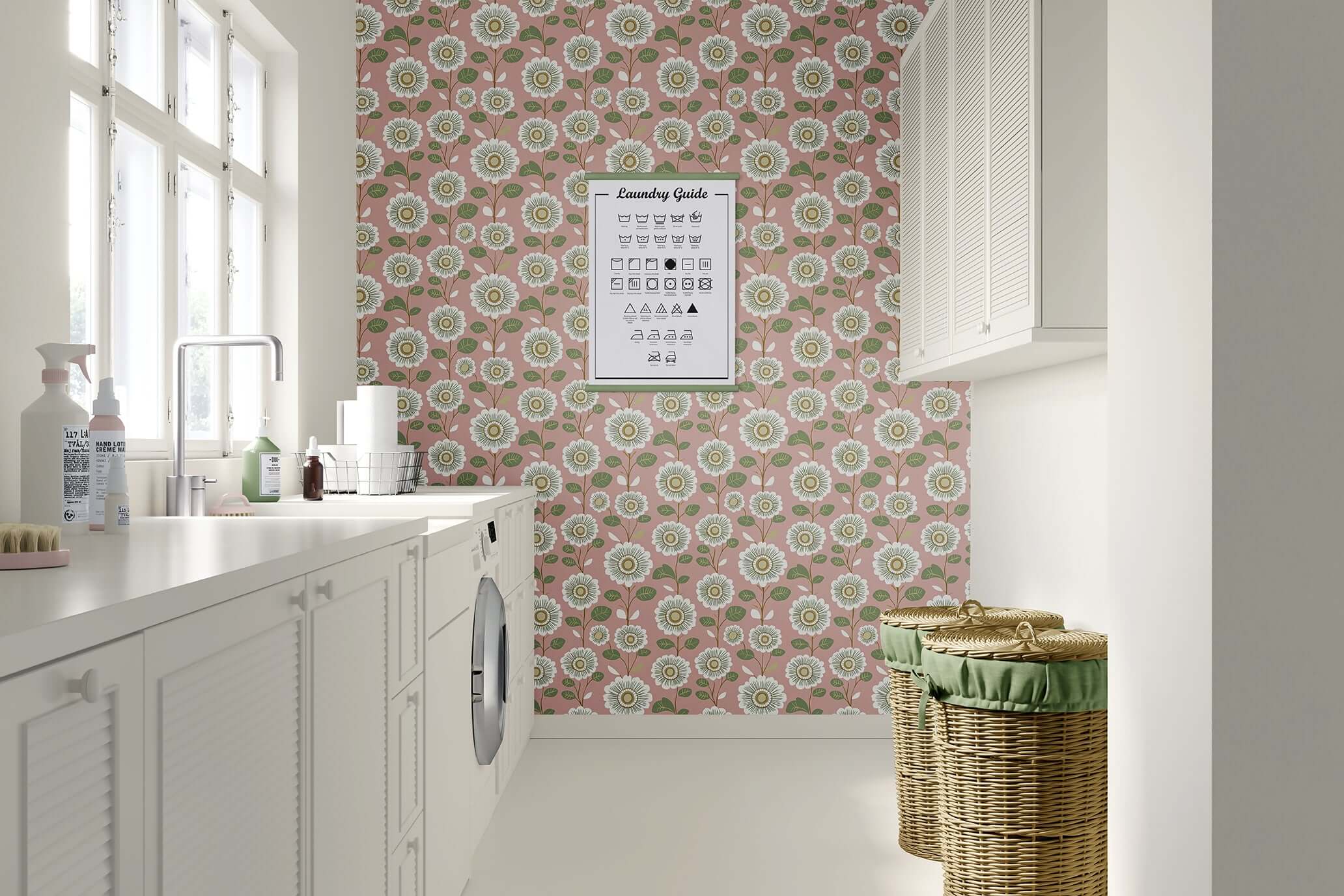 Laundry room with Vintage Daisy Dream wallpaper featuring white daisies, olive green leaves, pink background; floral, modern design.