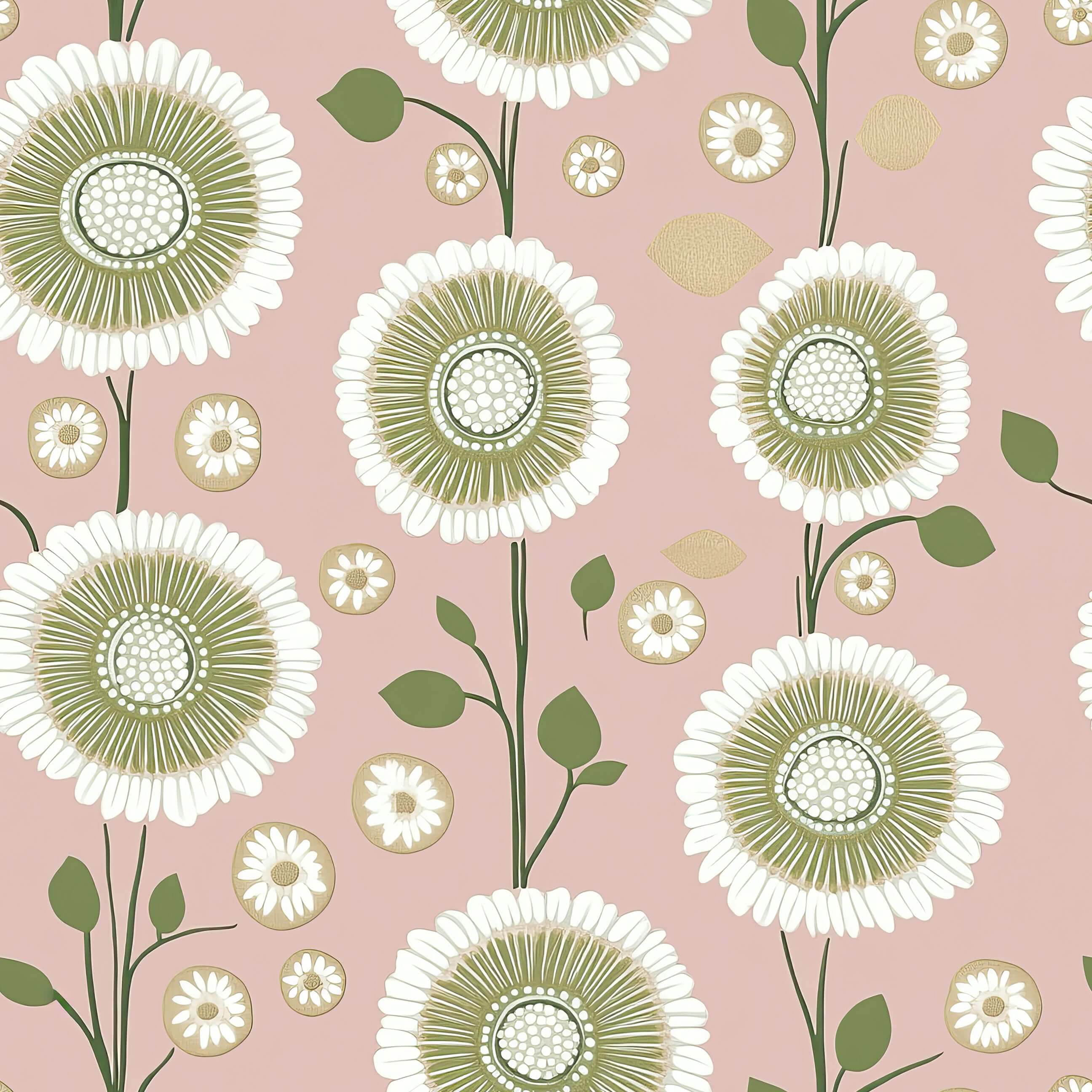 Stylized floral wallpaper with white and olive green flowers on a pink background, blending modern and retro elegance.