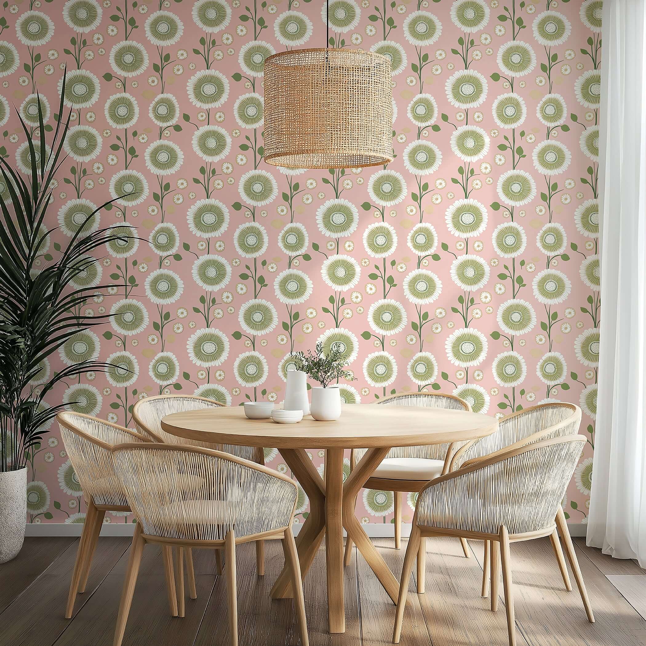 Modern pink wallpaper with white and green floral patterns, perfect for adding contemporary charm to eclectic spaces.