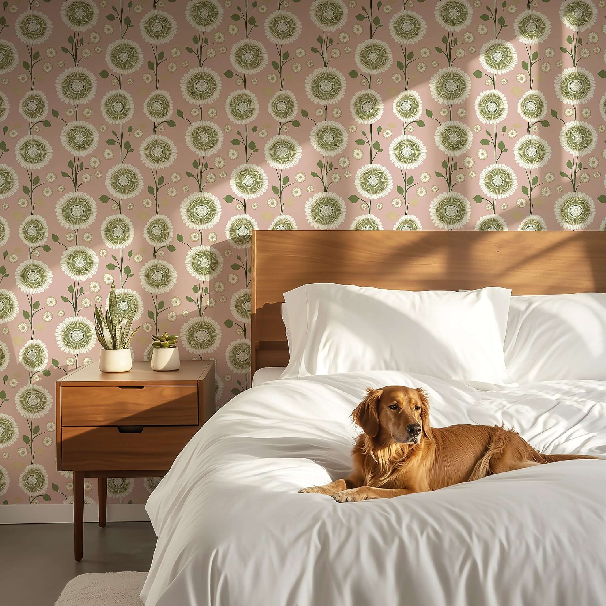 Modern wallpaper with floral patterns in white and green on a pink background, featuring a cozy bedroom scene with a dog on the bed.