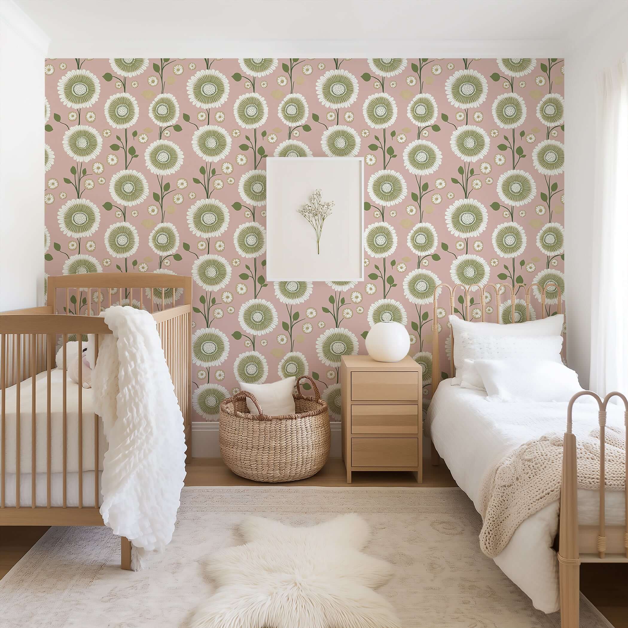 Pastel Petal Perfection wallpaper with daisy-like floral patterns in olive green and white on a pink background, ideal for modern decor.