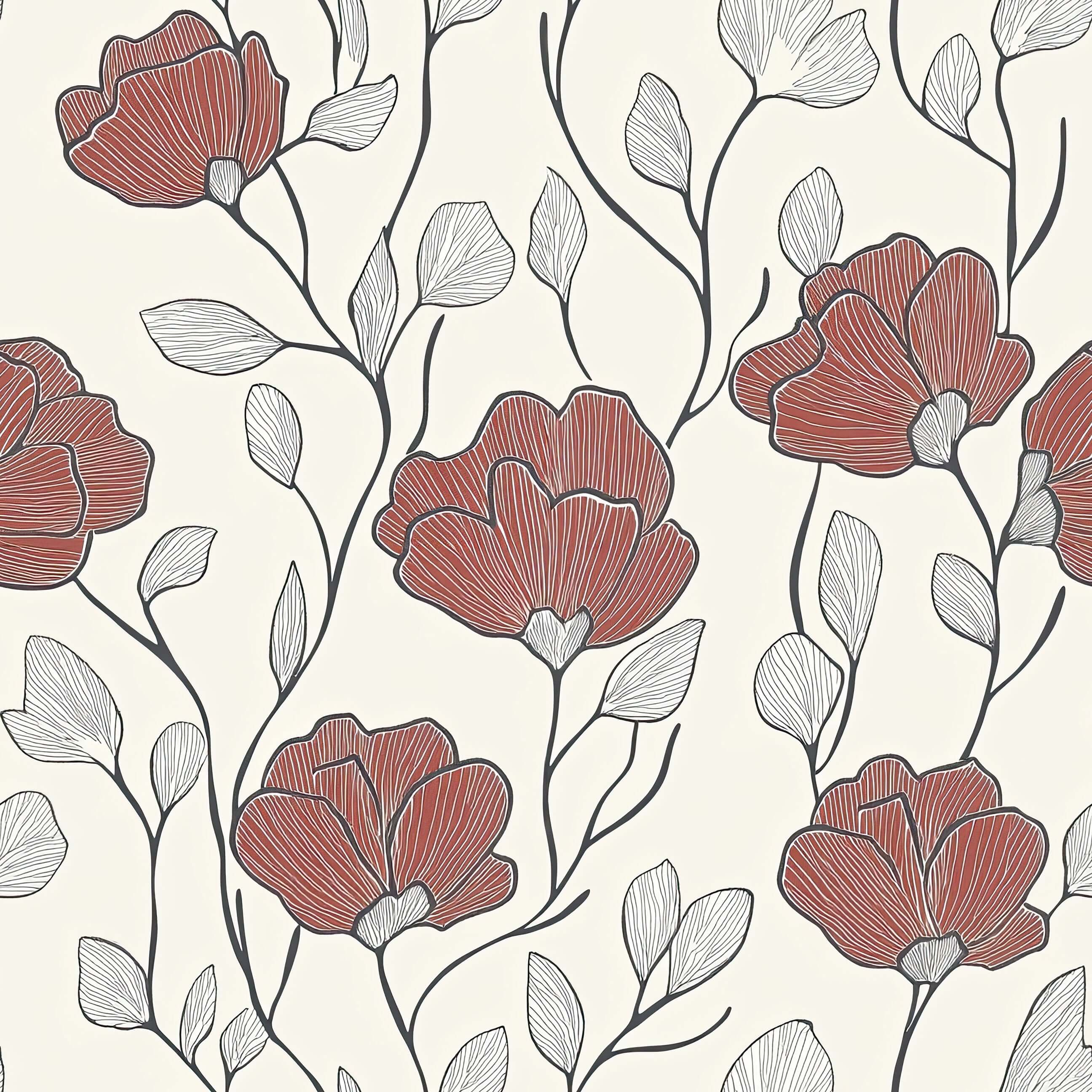Modern floral wallpaper with red petals, monochrome foliage on cream background, perfect for accent walls. Keywords: florals, modern.