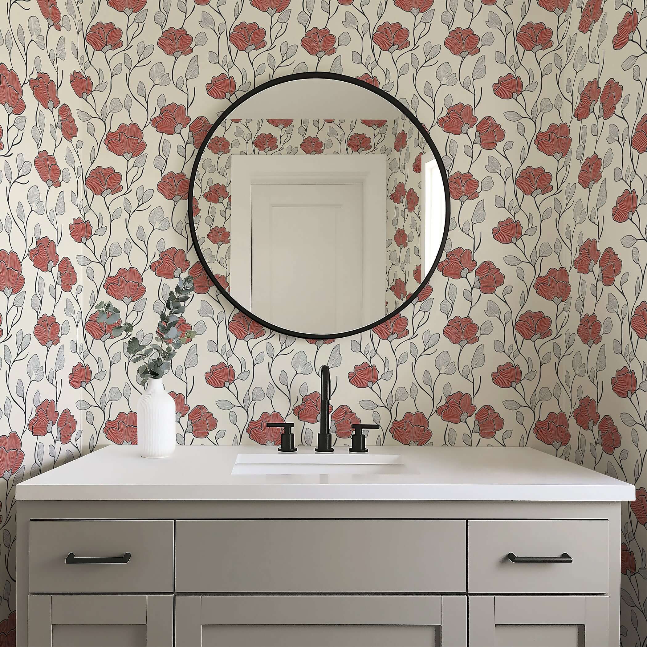 Modern bathroom with Red Petal Whimsy wallpaper featuring hand-drawn red florals and monochrome foliage on cream backdrop.