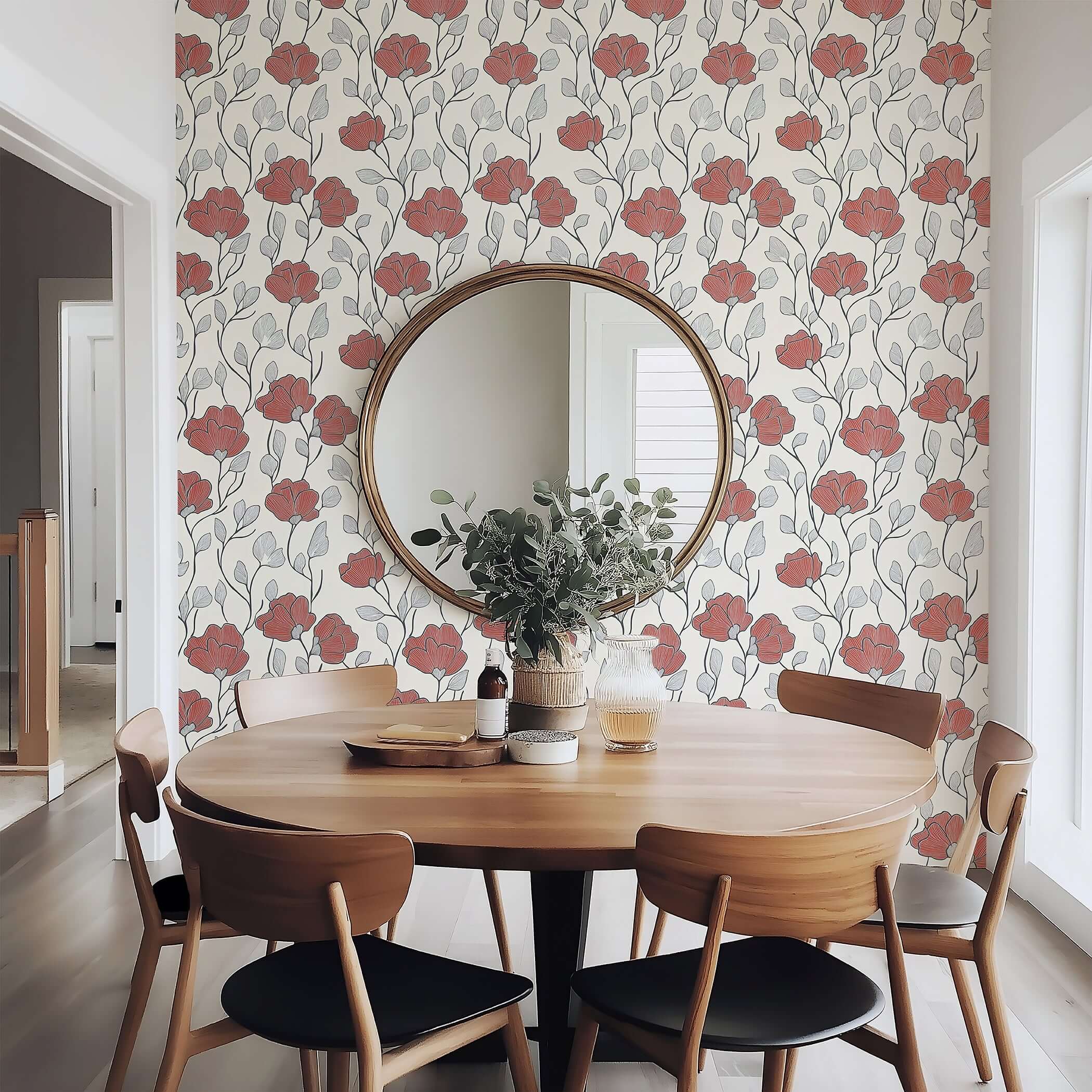 Modern dining room with Red Petal Whimsy floral wallpaper featuring hand-drawn red petals and monochrome foliage in a neutral setting.