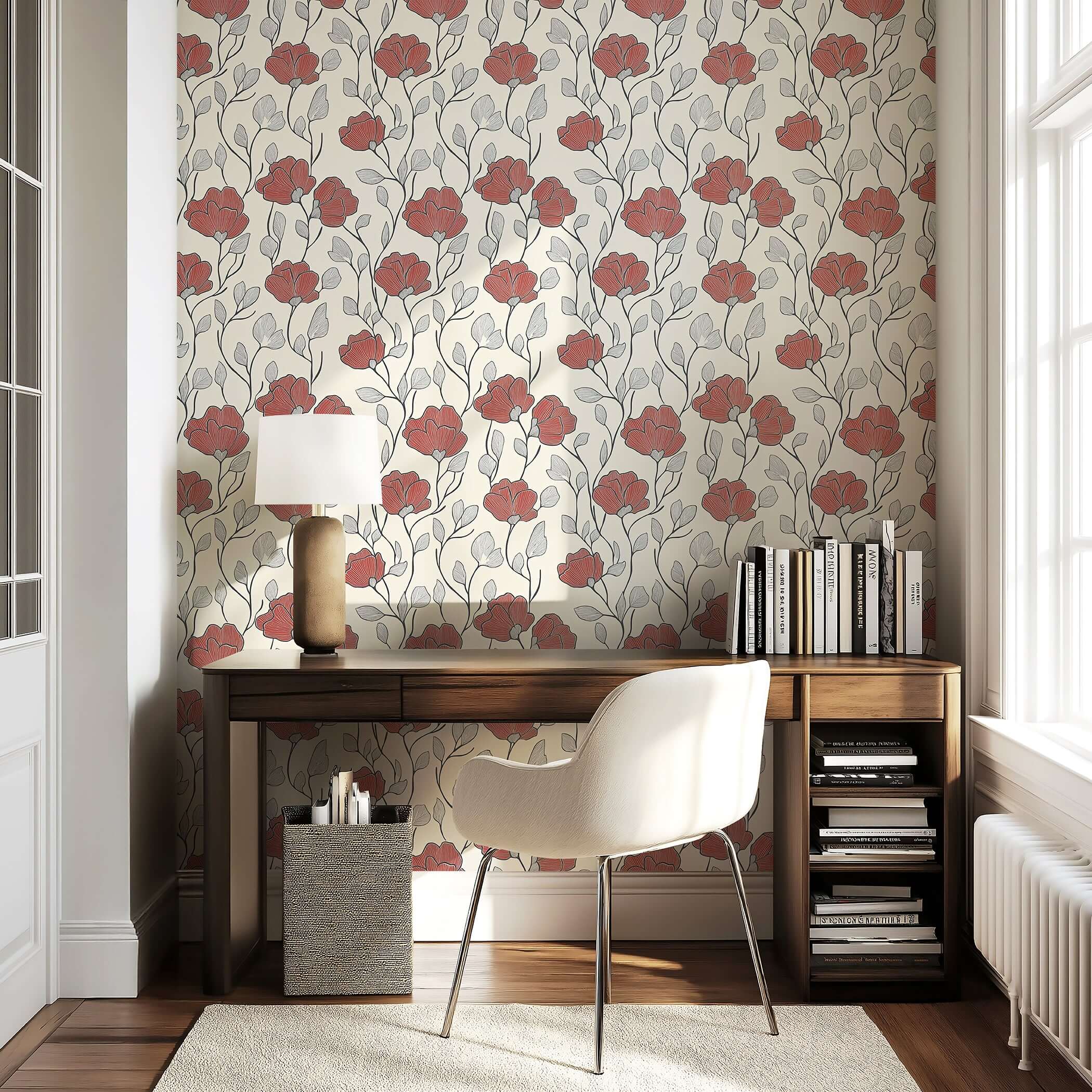 Modern wallpaper featuring hand-drawn red flowers with monochrome foliage on a cream background, enhancing any creative living space.