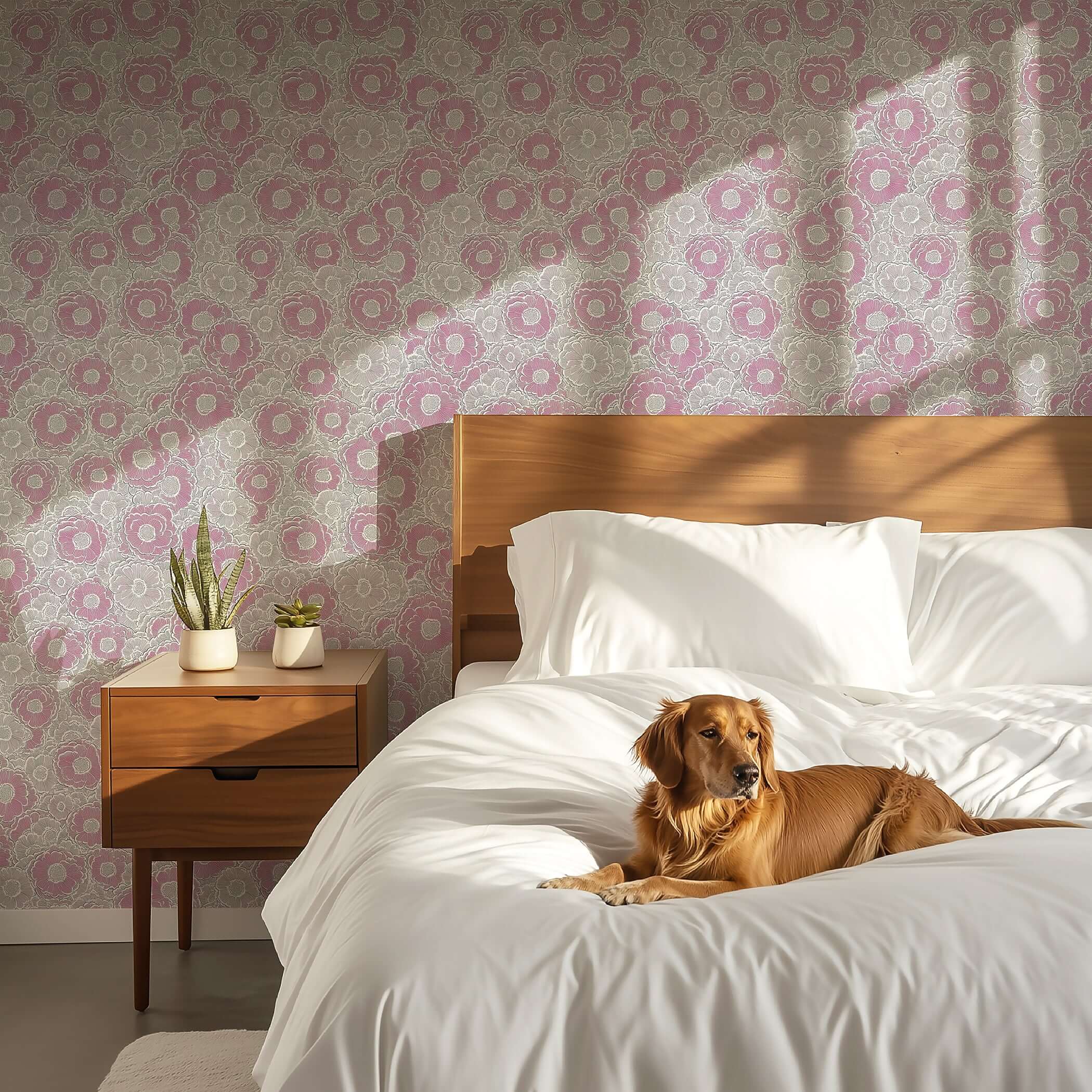 Bedroom with "Pastel Poppy Dreamscape" wallpaper featuring blush pink florals, modern decor, and a dog resting on the bed.