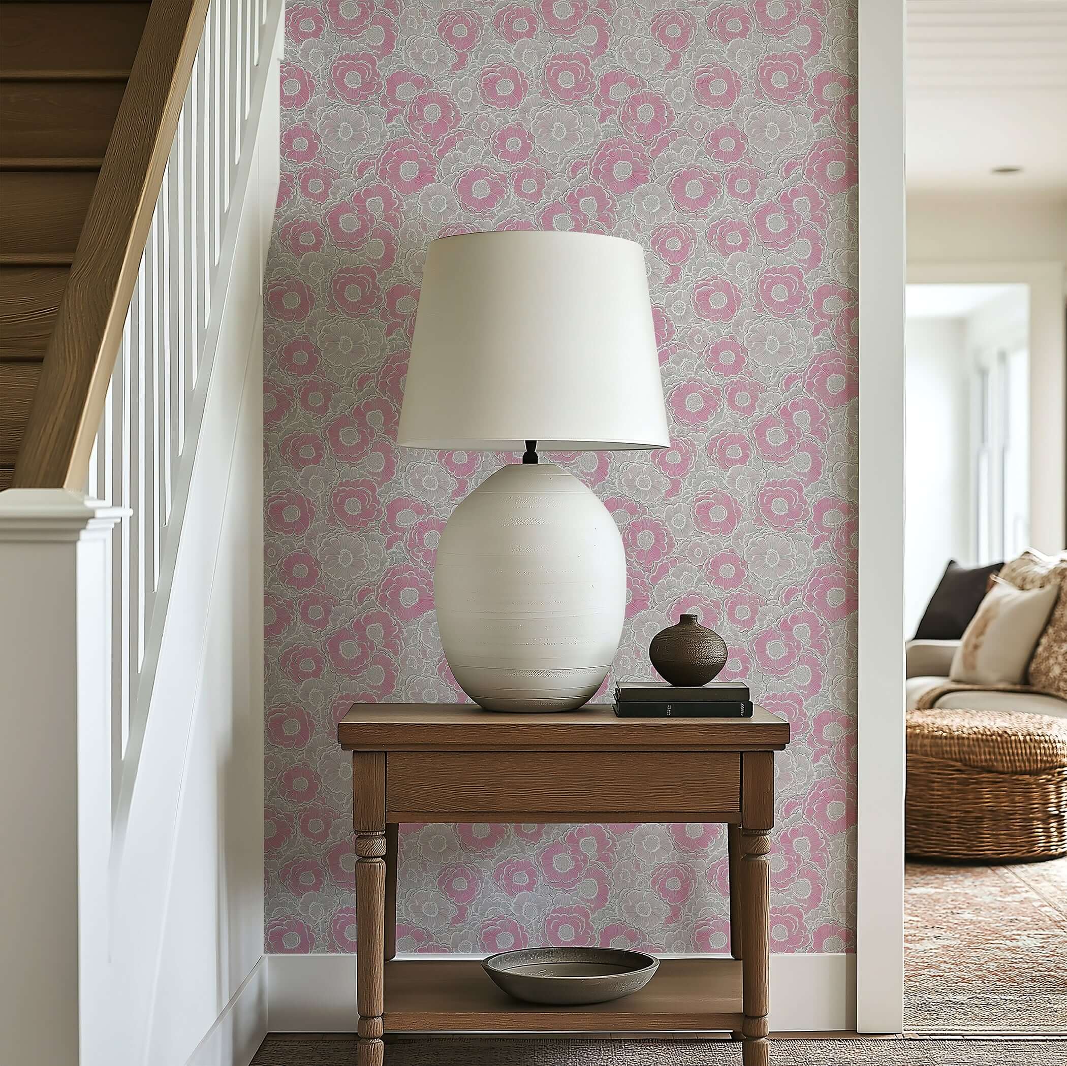 Pastel Poppy Dreamscape wallpaper featuring blush pink poppies, creating a monochromatic floral design for a modern living space.
