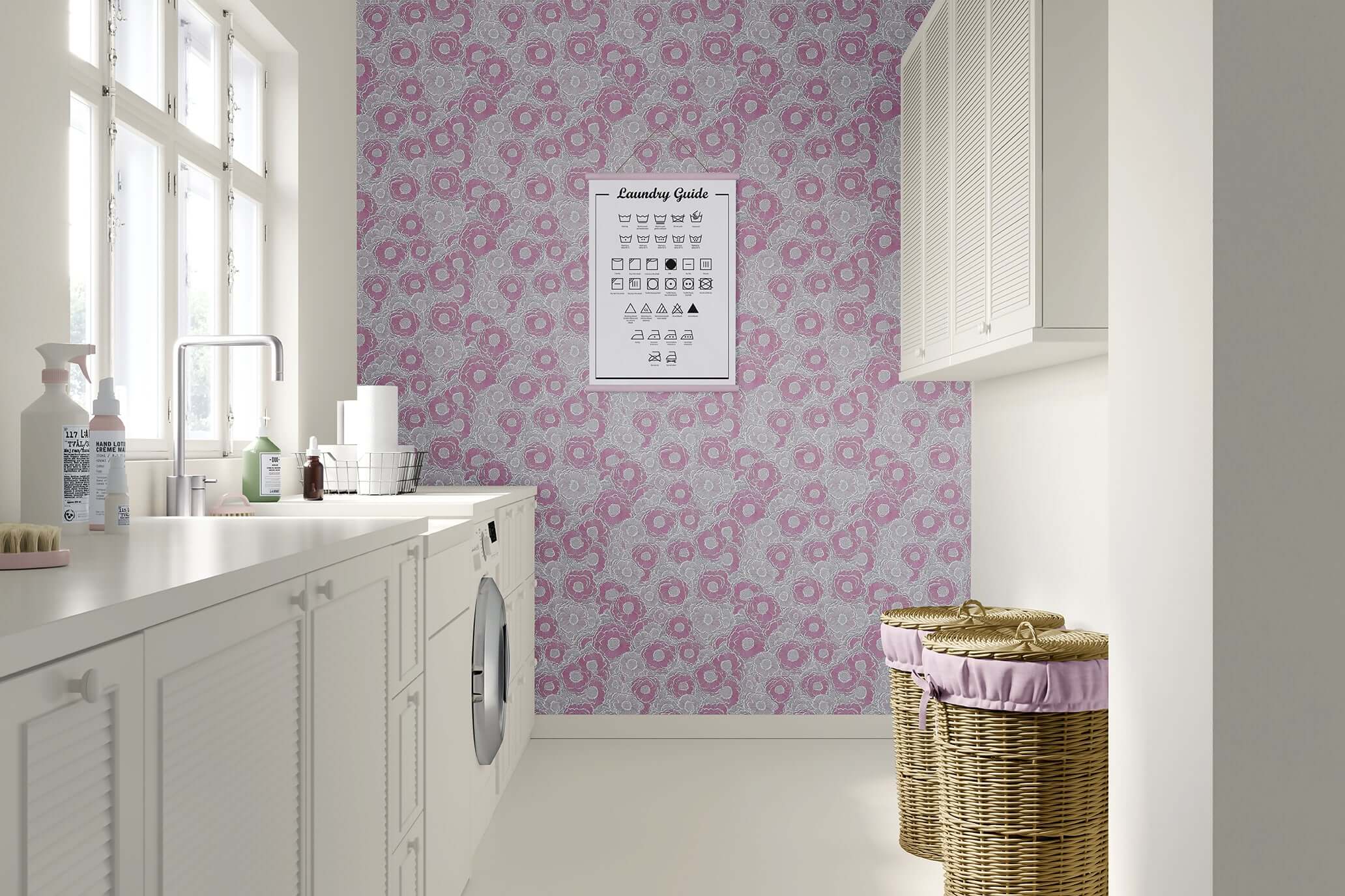 Modern laundry room with pastel poppy dreamscape wallpaper featuring blush pink florals, creating a monochromatic botanical ambiance.