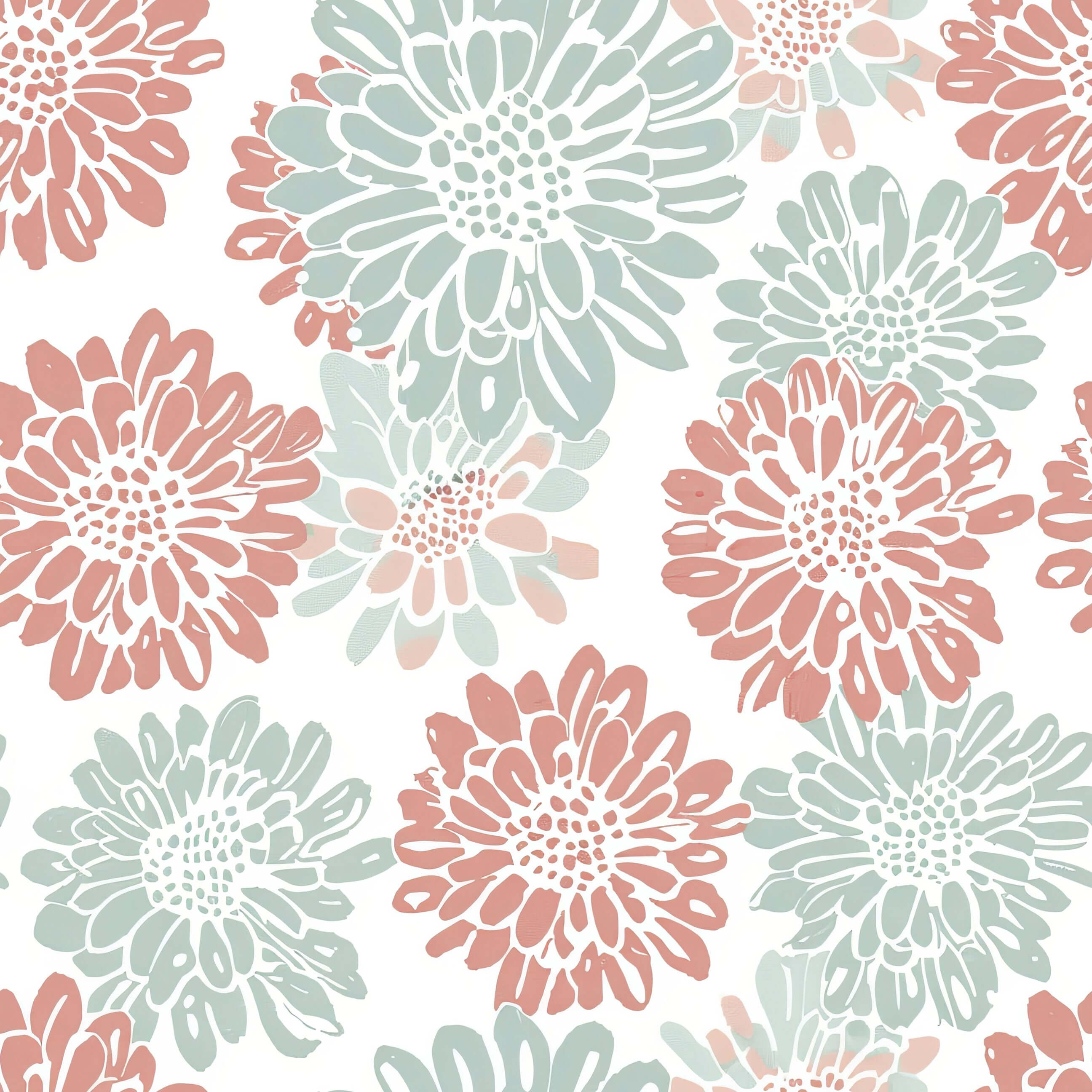 Playful Dahlia Parade wallpaper with hand-painted coral pink and mint green dahlias on a white background, perfect for modern decor.
