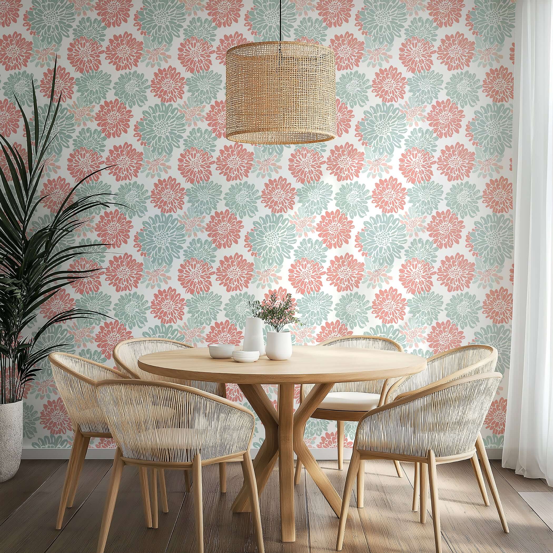 Playful Dahlia Parade wallpaper featuring coral pink and mint green dahlia flowers on a white background, perfect for modern decor.