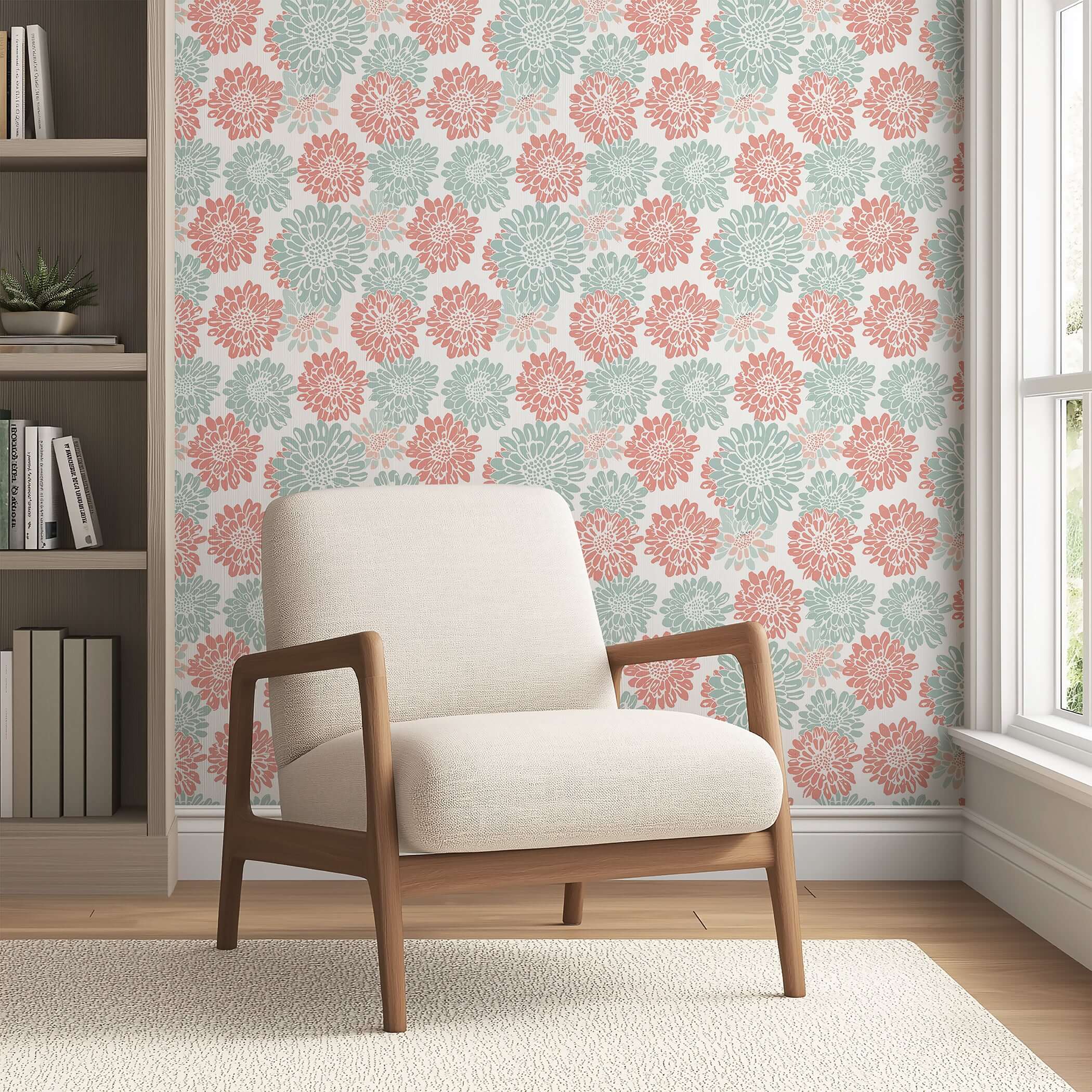 Pink and teal dahlia flowers on white wallpaper behind beige armchair; perfect for adding charm with its abstract floral design.