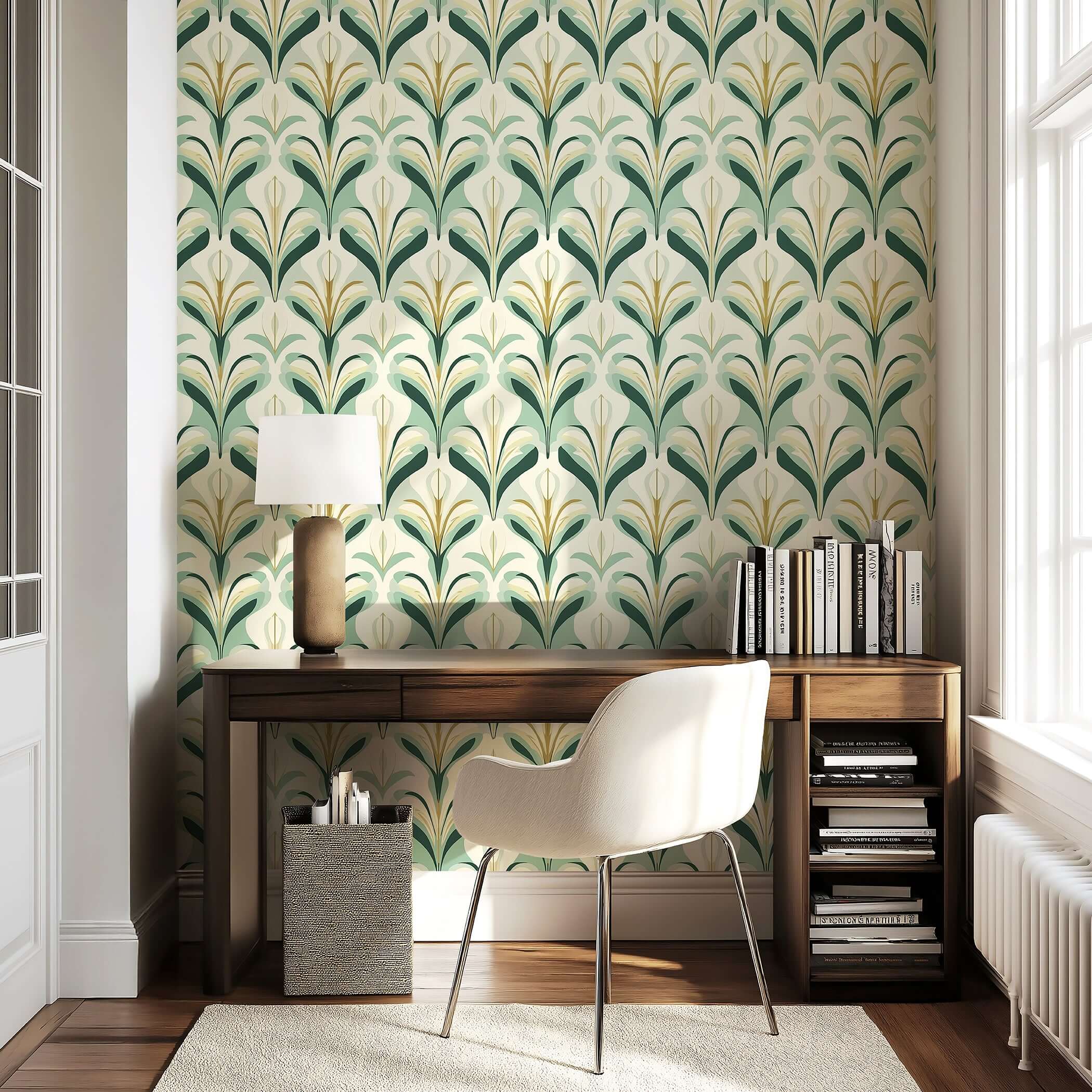Art Deco floral inspired wallpaper in green and gold by Vintage Verdant Glamour, perfect for elegant home decor accents.