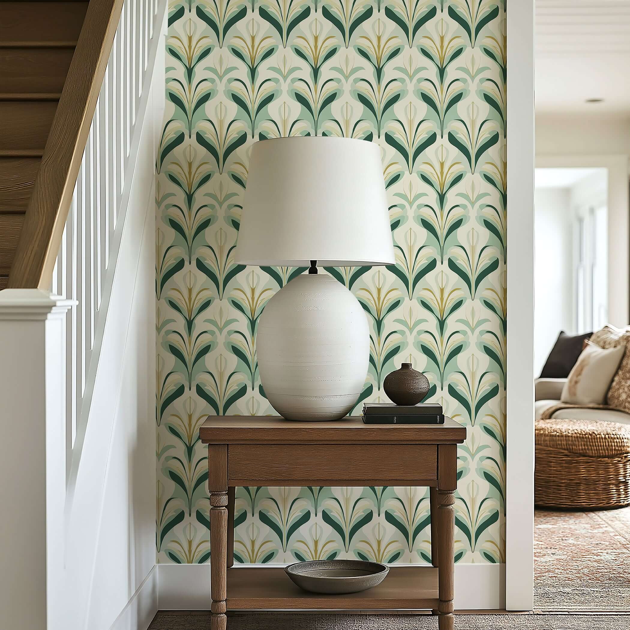 Art Deco Vintage Verdant Glamour wallpaper with green and gold botanical design, styled in a sophisticated interior space.