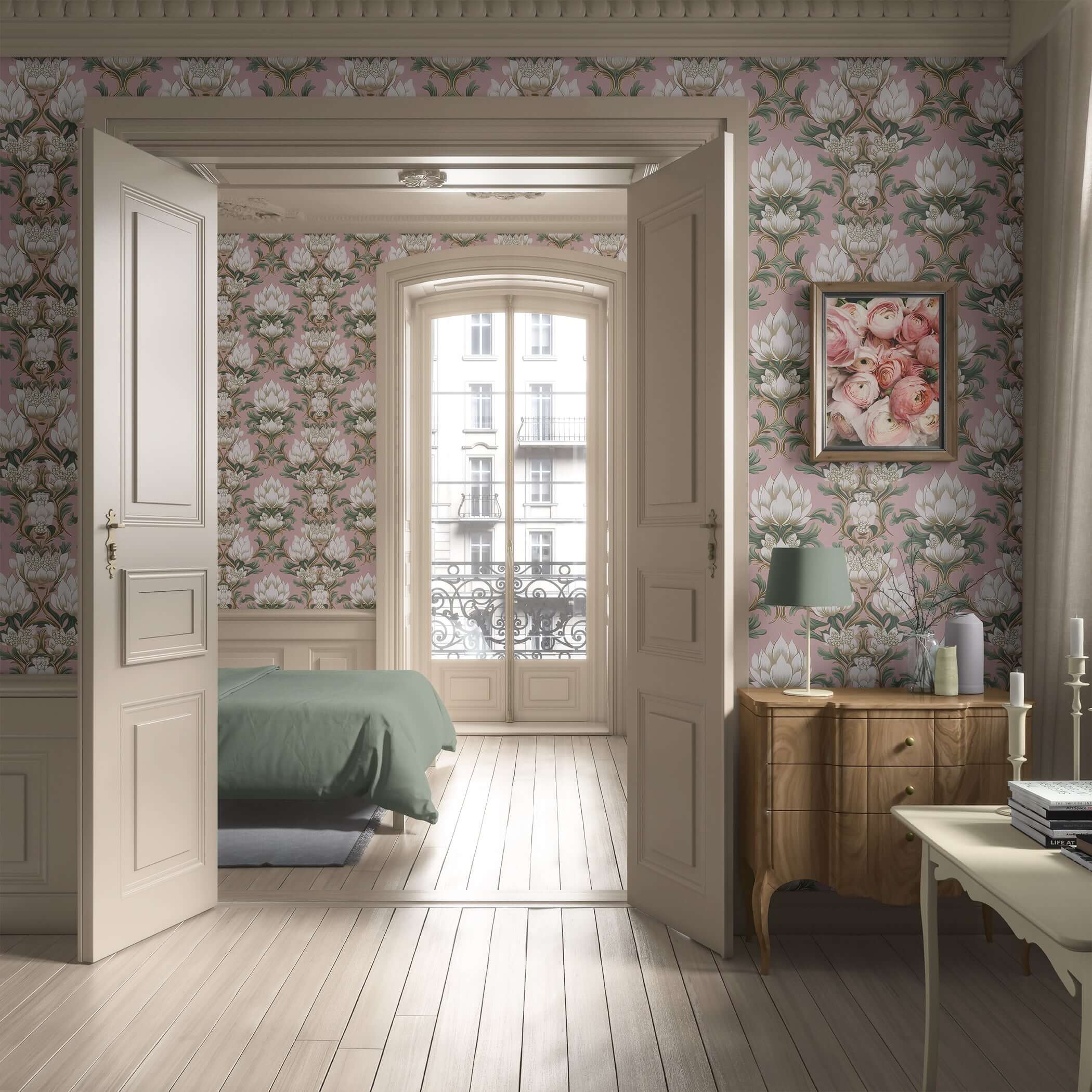Deco Floral Majesty wallpaper with white floral and green foliage on mauve background, enhancing a vintage and modern room aesthetic.