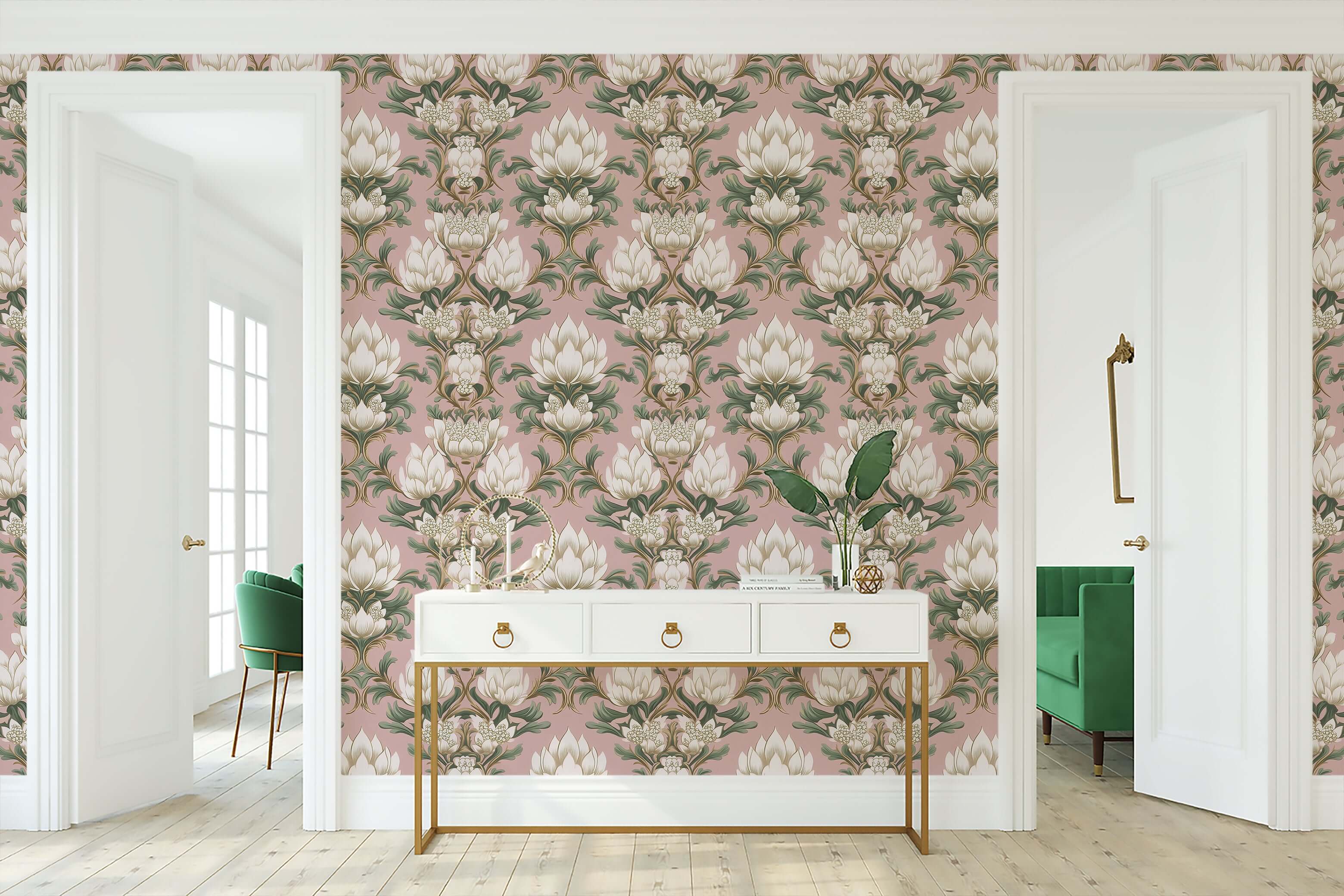 Deco Floral Majesty wallpaper with white florals and green foliage on a mauve background, featuring timeless damask and Art Deco elements.