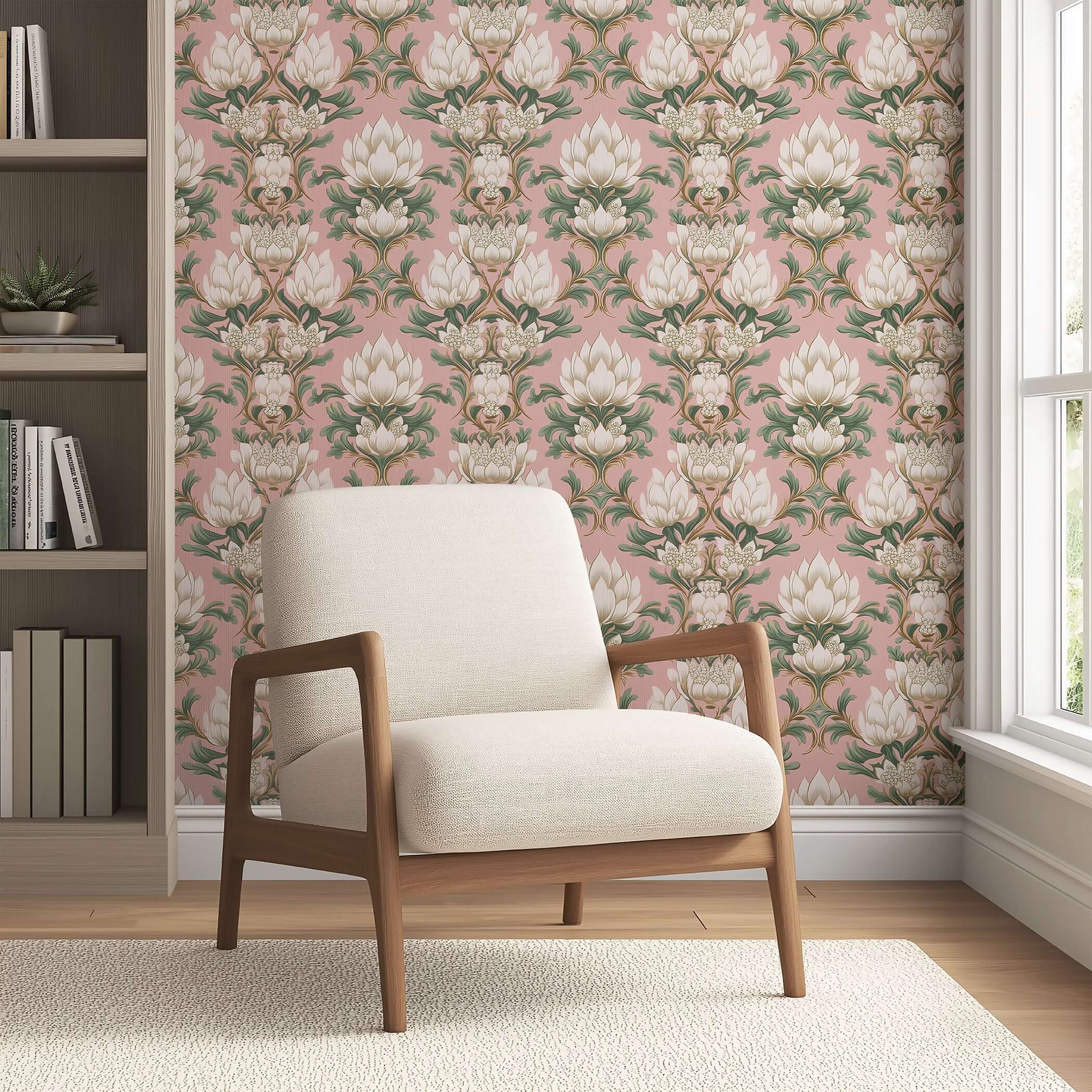 Luxurious Deco Floral Majesty wallpaper with white flowers, green foliage, on a pink mauve background in a modern living room.