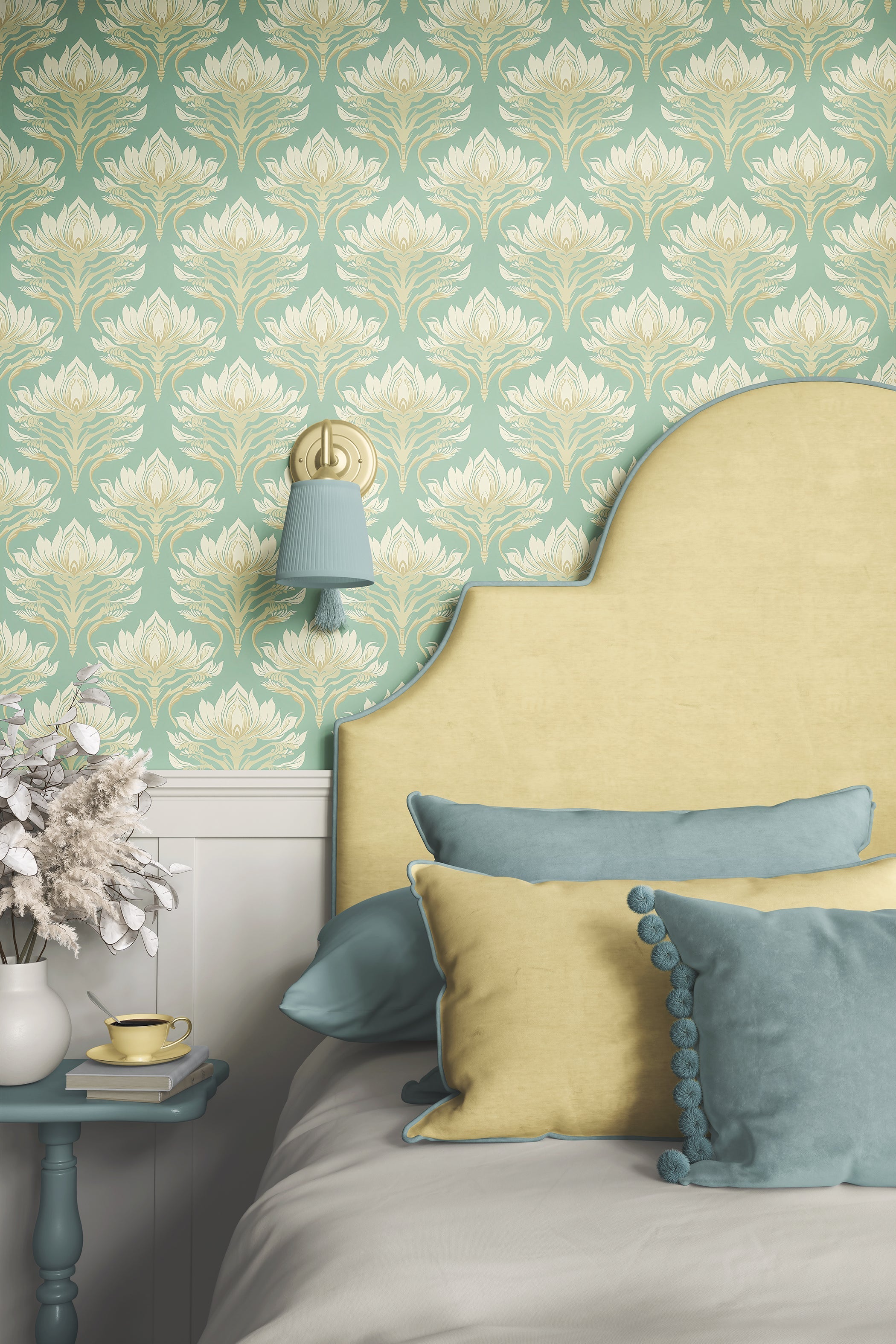 Elegant bedroom with Celestial Lotus Harmony wallpaper in teal, featuring Art Nouveau floral and lotus design, soft cream and teal decor.