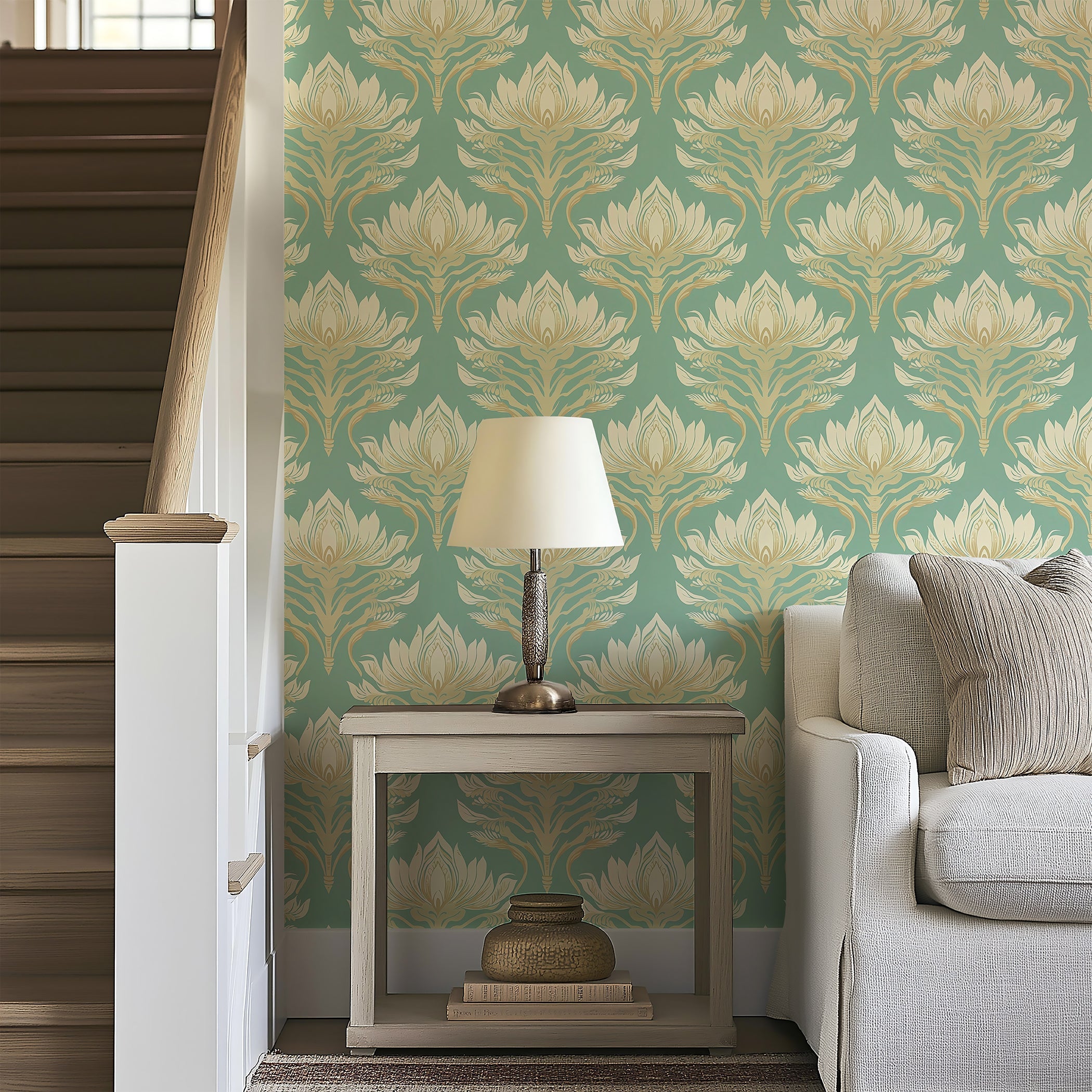 Teal wallpaper with Art Nouveau lotus flowers and damask pattern, adding modern floral elegance to an interior space.