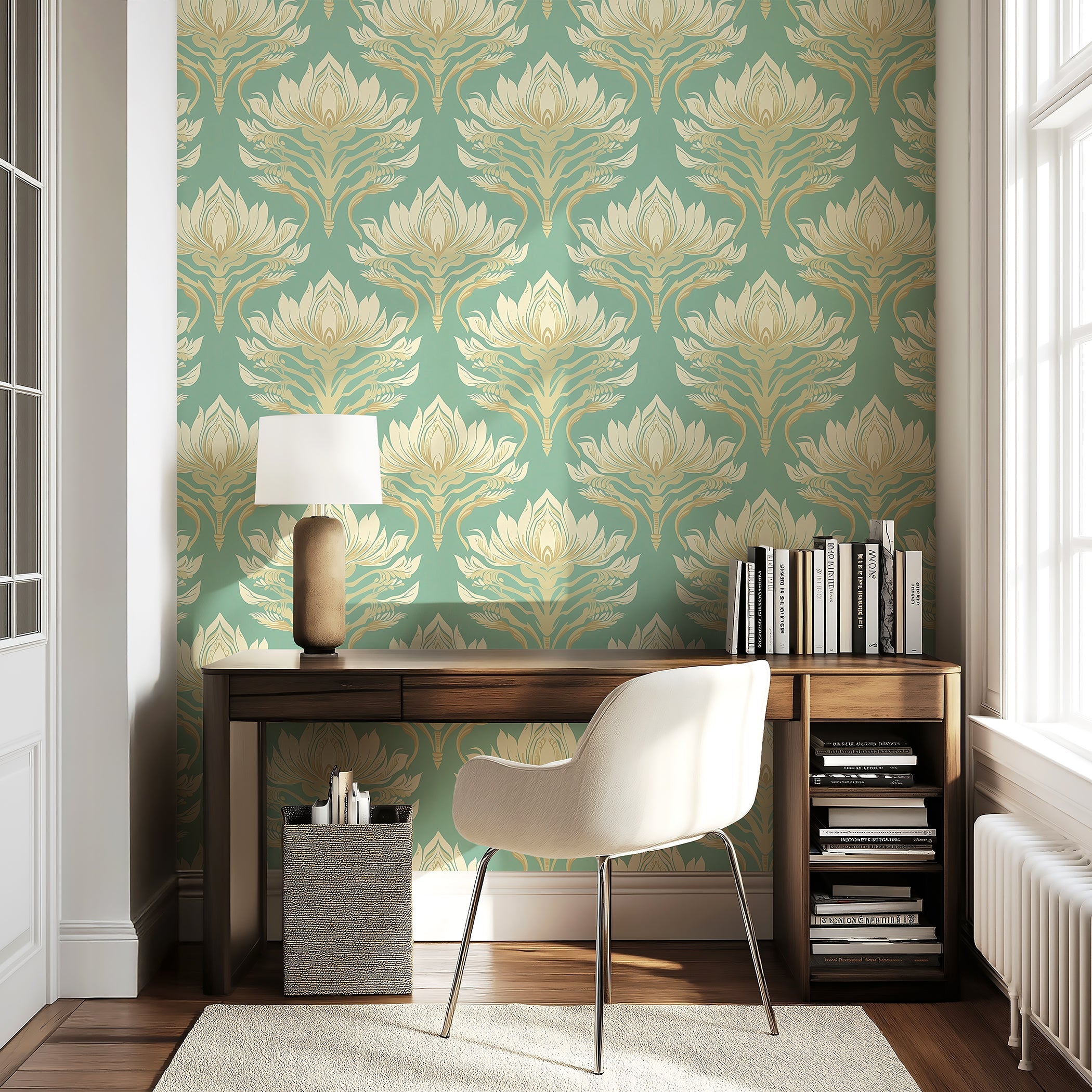 Modern teal wallpaper featuring elegant lotus flowers and Art Nouveau damask floral patterns, creating serene interior decor.