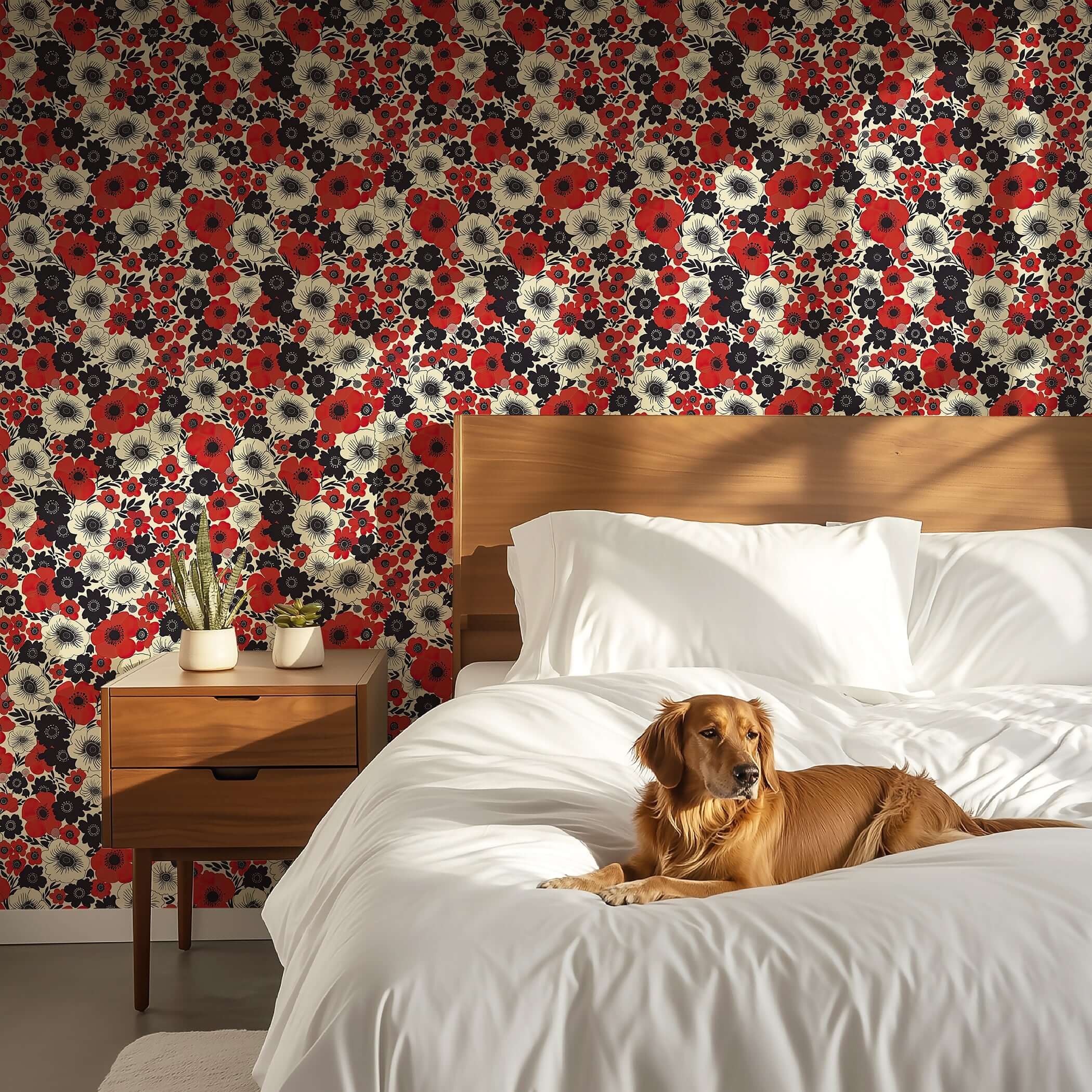Bold floral wallpaper with red poppies, black and white accents in a modern bedroom setting with dog on the bed.