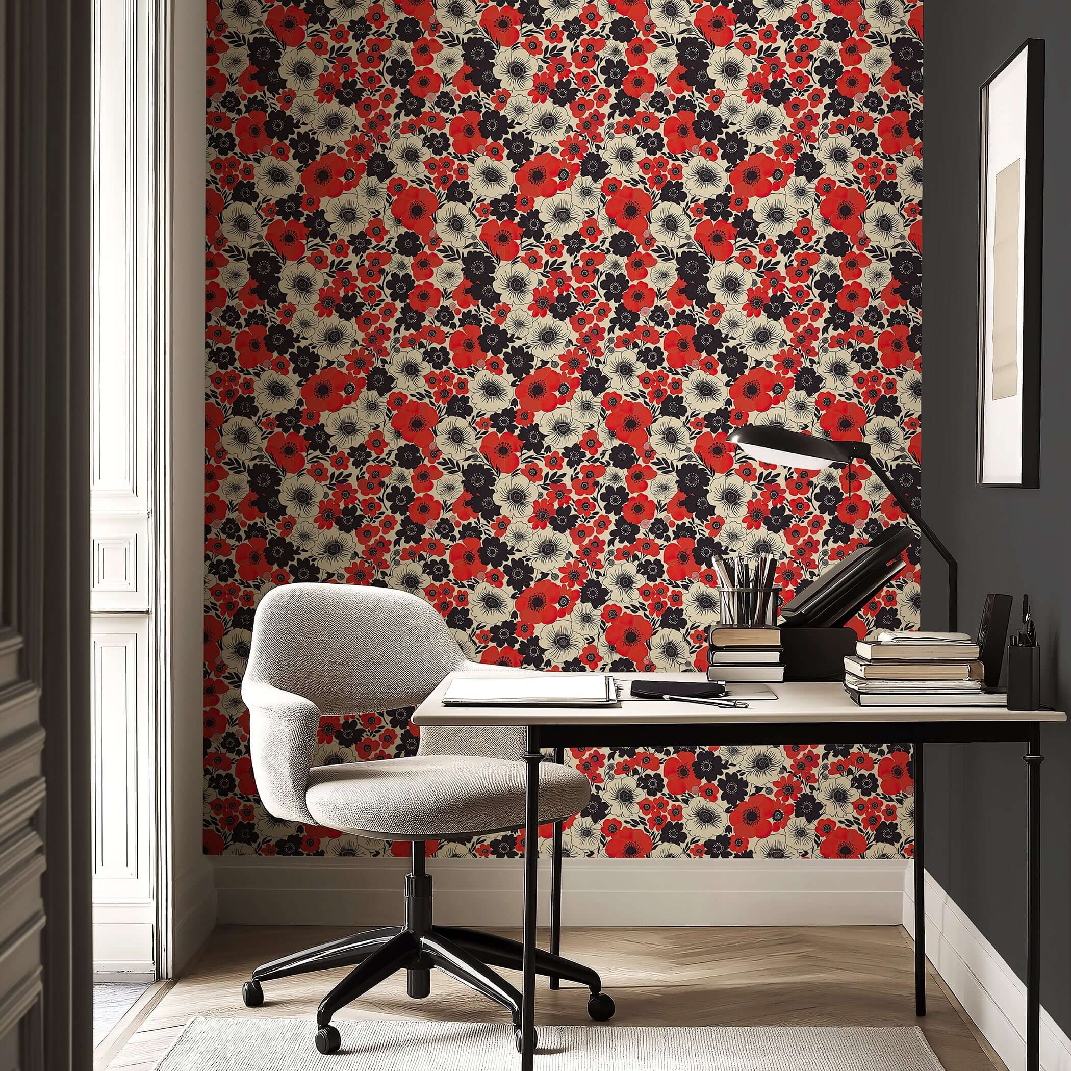 Modern home office with 'Wild Poppy Passion' wallpaper featuring bold red poppies and black accents, perfect for a dynamic statement wall.