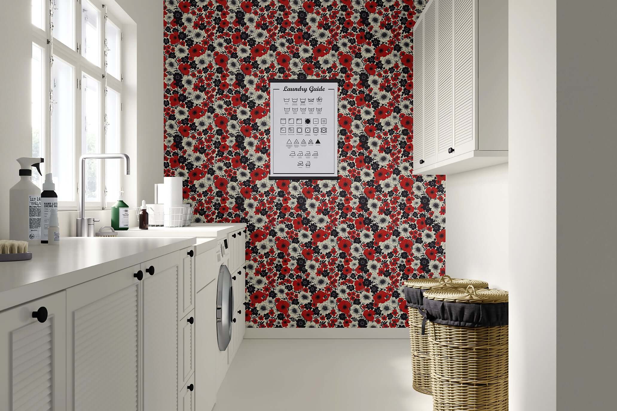 Laundry room with Wild Poppy Passion wallpaper featuring red, black, white flowers, modern design in contemporary setting.
