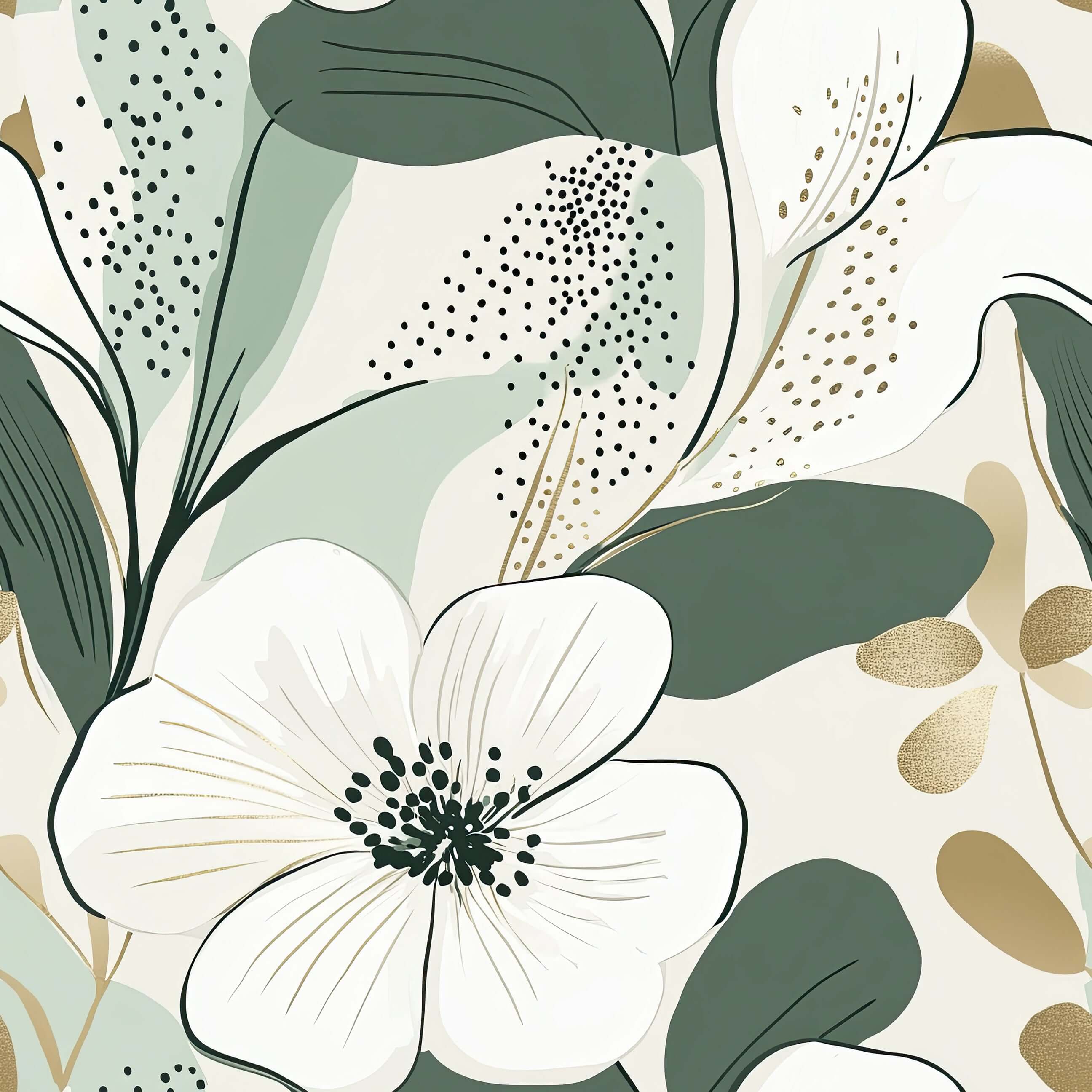 Golden Greenscape Wallpaper featuring white flowers, green leaves, and gold accents for a modern, sophisticated floral design.