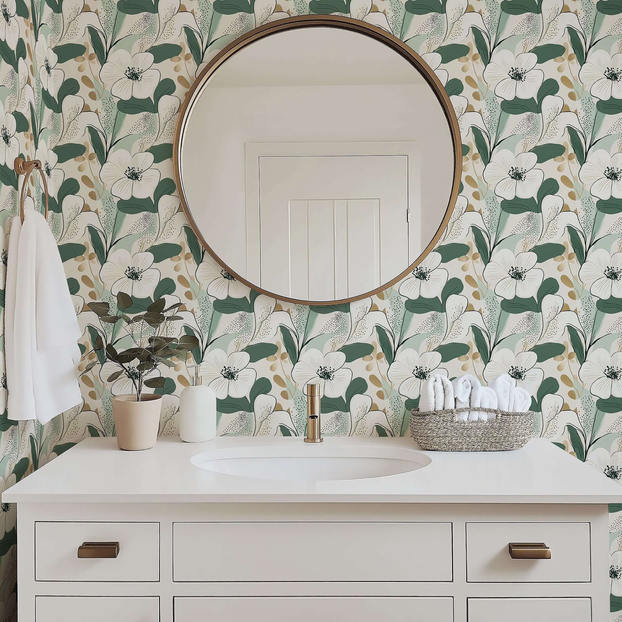 Contemporary floral wallpaper with white, green, and gold design featuring flowers and foliage, perfect for modern interiors.