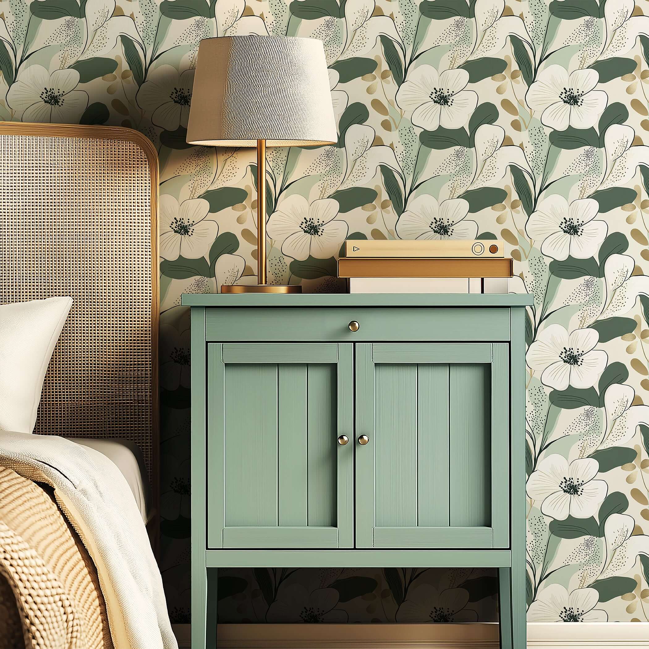 Modern floral wallpaper with white, green, and gold flower pattern behind a bedside table in a contemporary bedroom setting.