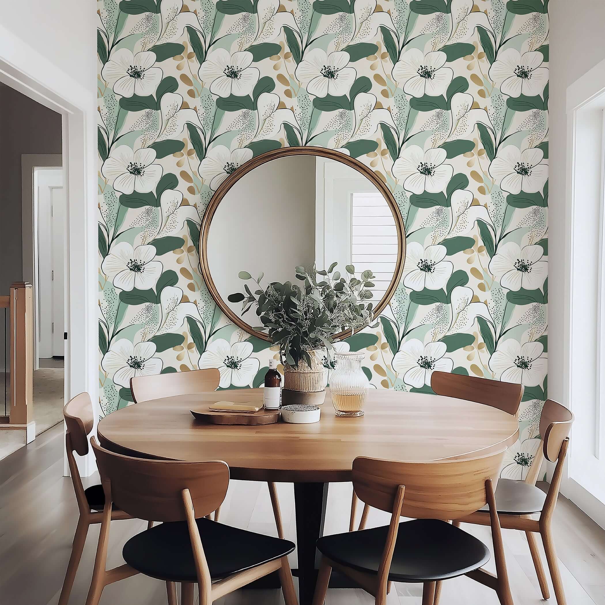 Dining room with Golden Greenscape wallpaper featuring modern white, green, and gold floral design, enhancing contemporary home decor.