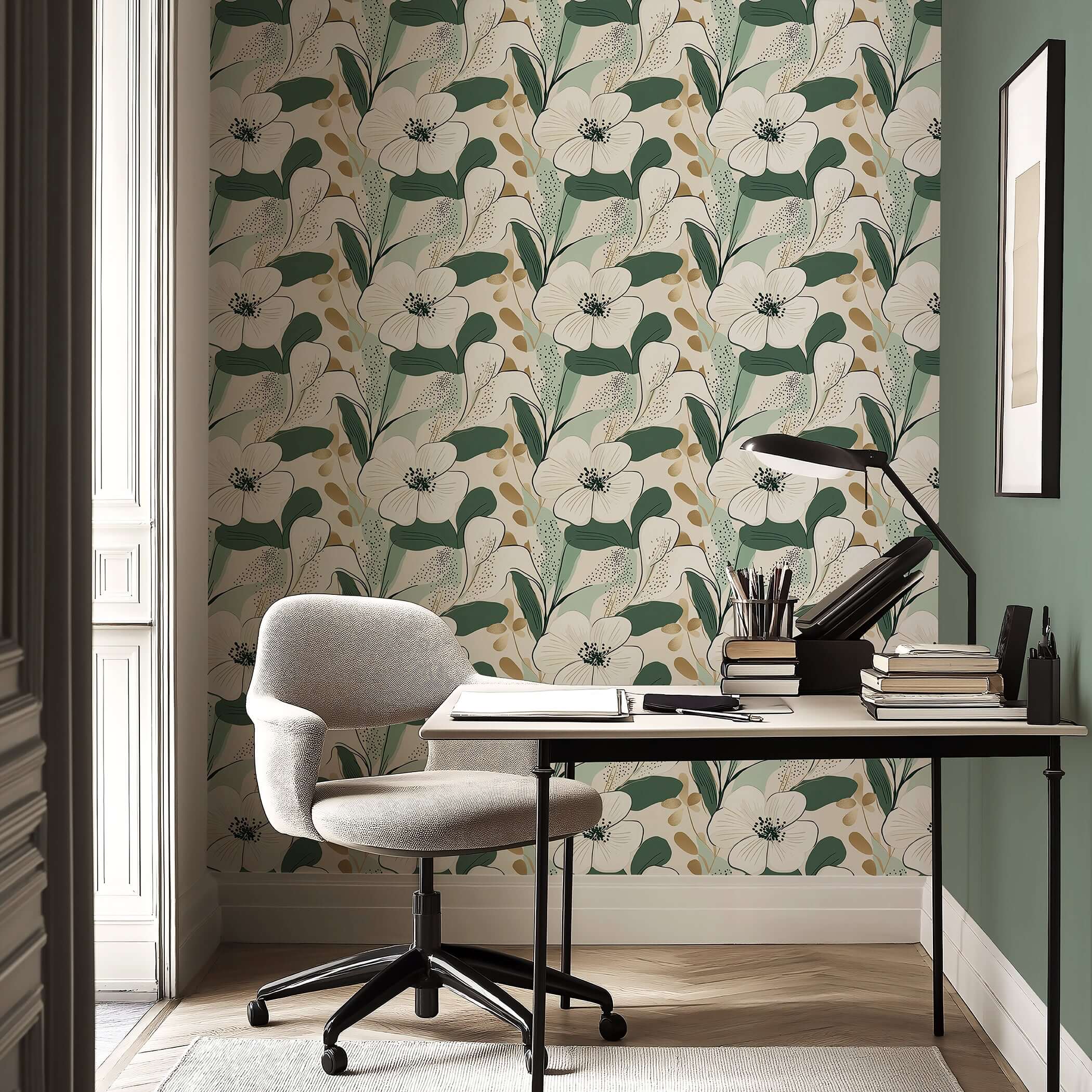Modern floral wallpaper with white, green, and gold accents, featuring soft white blossoms and lush foliage, enhancing a stylish home office.
